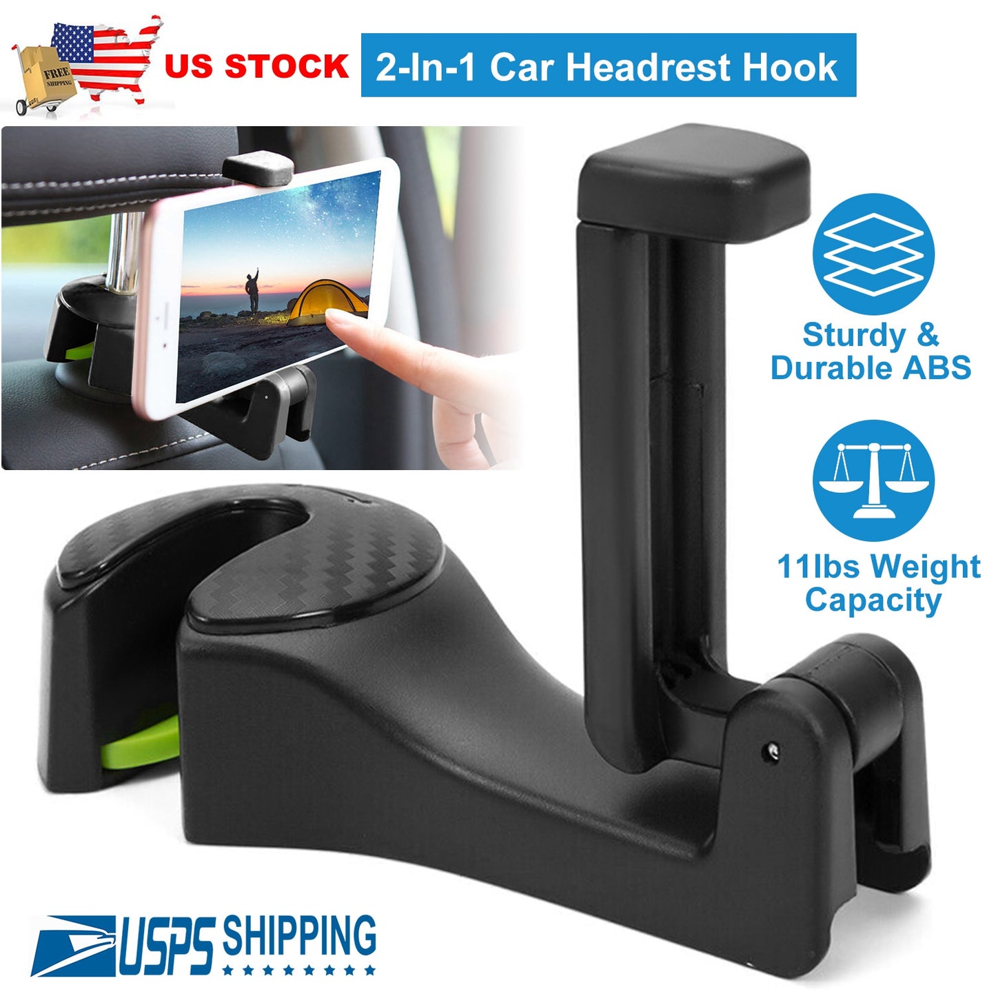Car Headrest Hook with Phone Holder and Locking Design