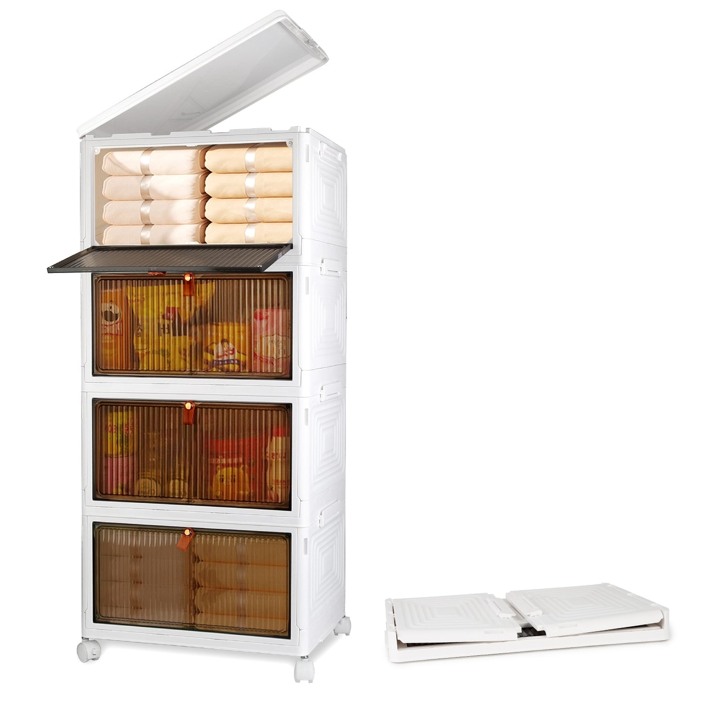 4-Tier Stackable Storage Bins with Wheels and Magnetic Door
