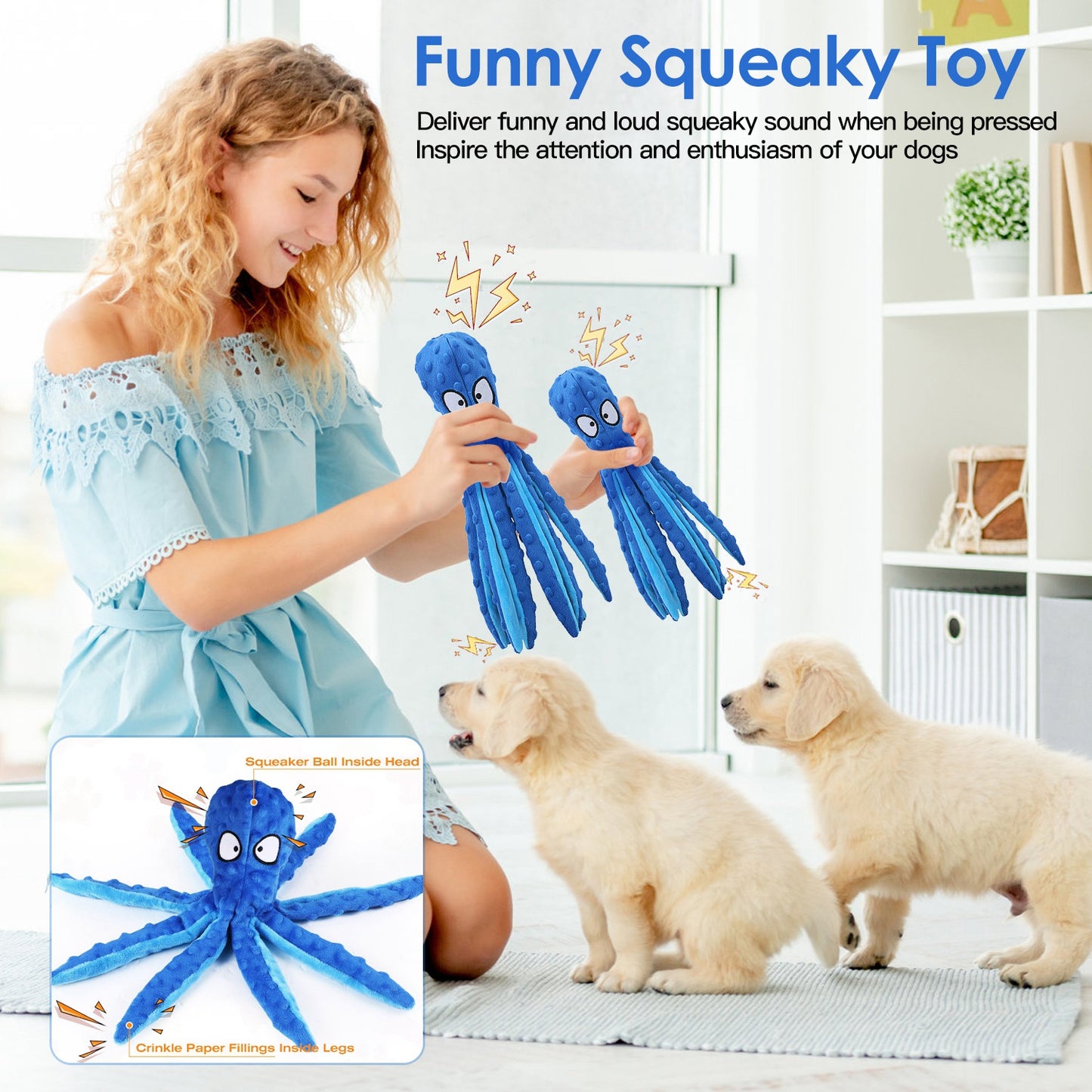 Squeaky Octopus Dog Toy Set - No Stuffing Crinkle Plush