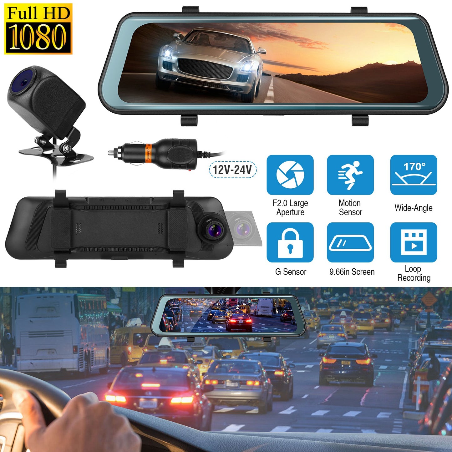 Dual Dash Camera 9.66" FHD 1080P Front & Rear with Night Vision