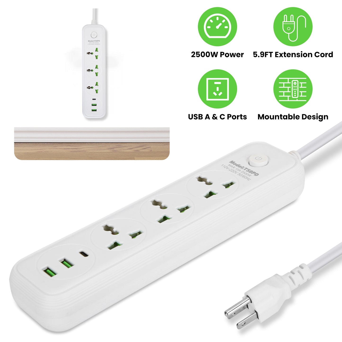 Power Strip with 5.9ft Extension Cord, 3 AC Outlets & USB Ports