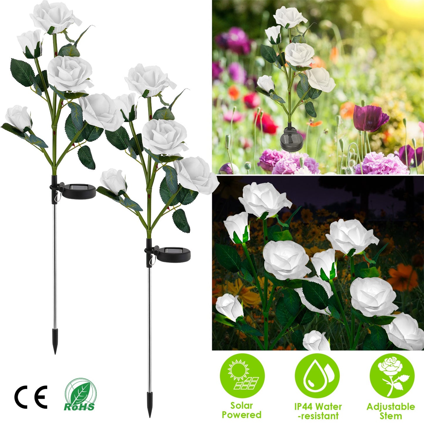 Solar Rose Flower Stake Lights - 2 Pack Outdoor Garden Decor