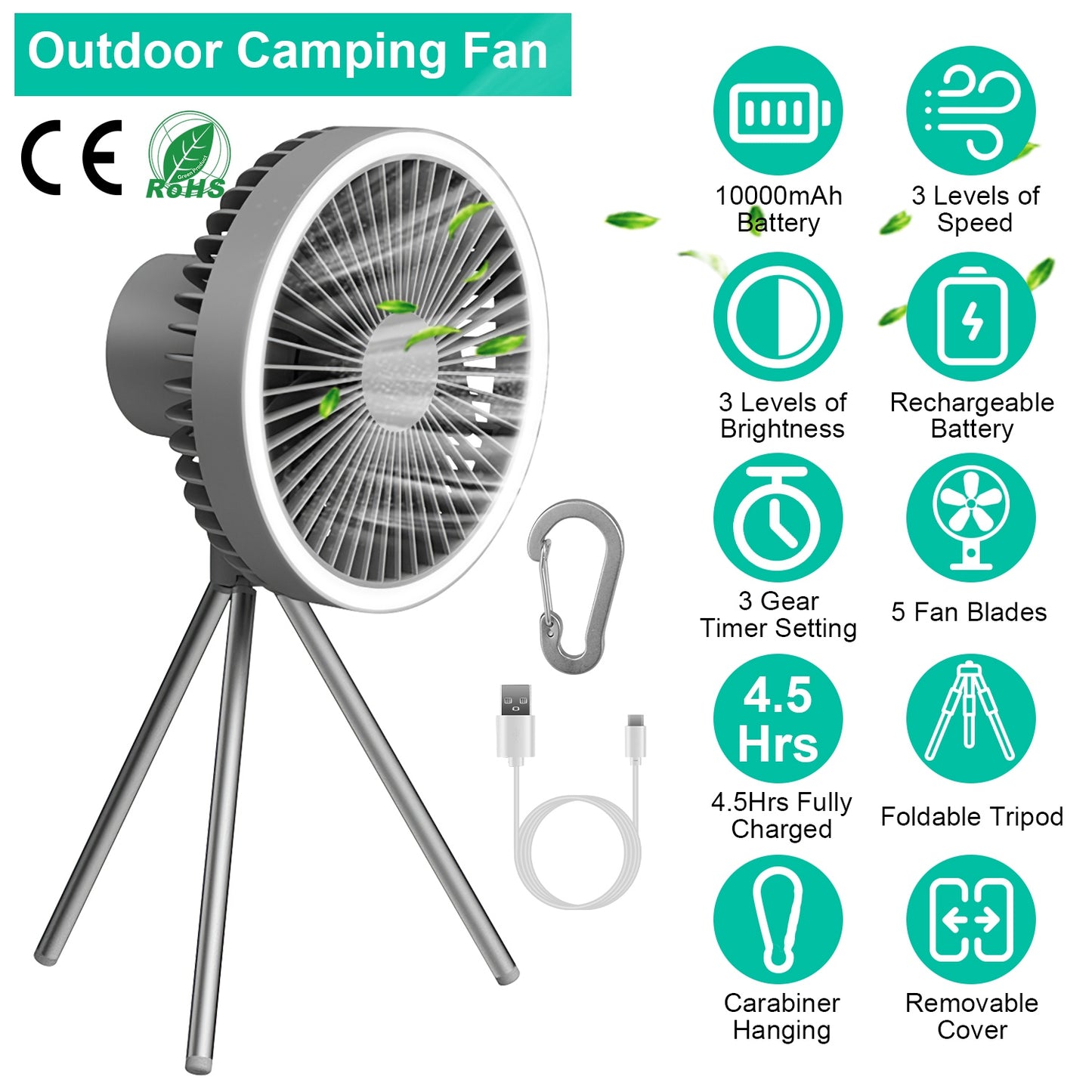 Camping Fan with LED Lantern 10000mAh Rechargeable Battery
