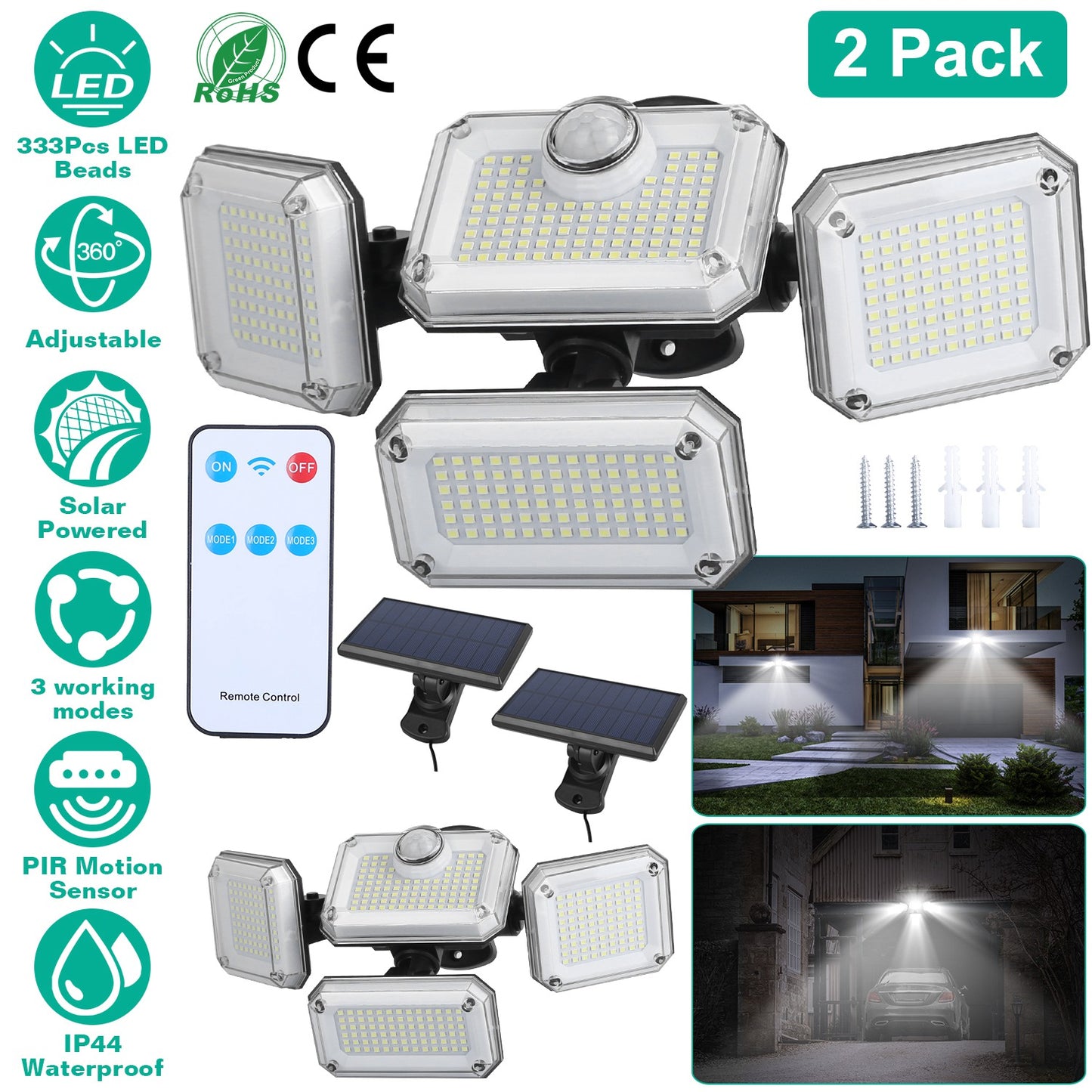 Solar Motion Sensor Wall Light 2-Pack with 333 LED Beads