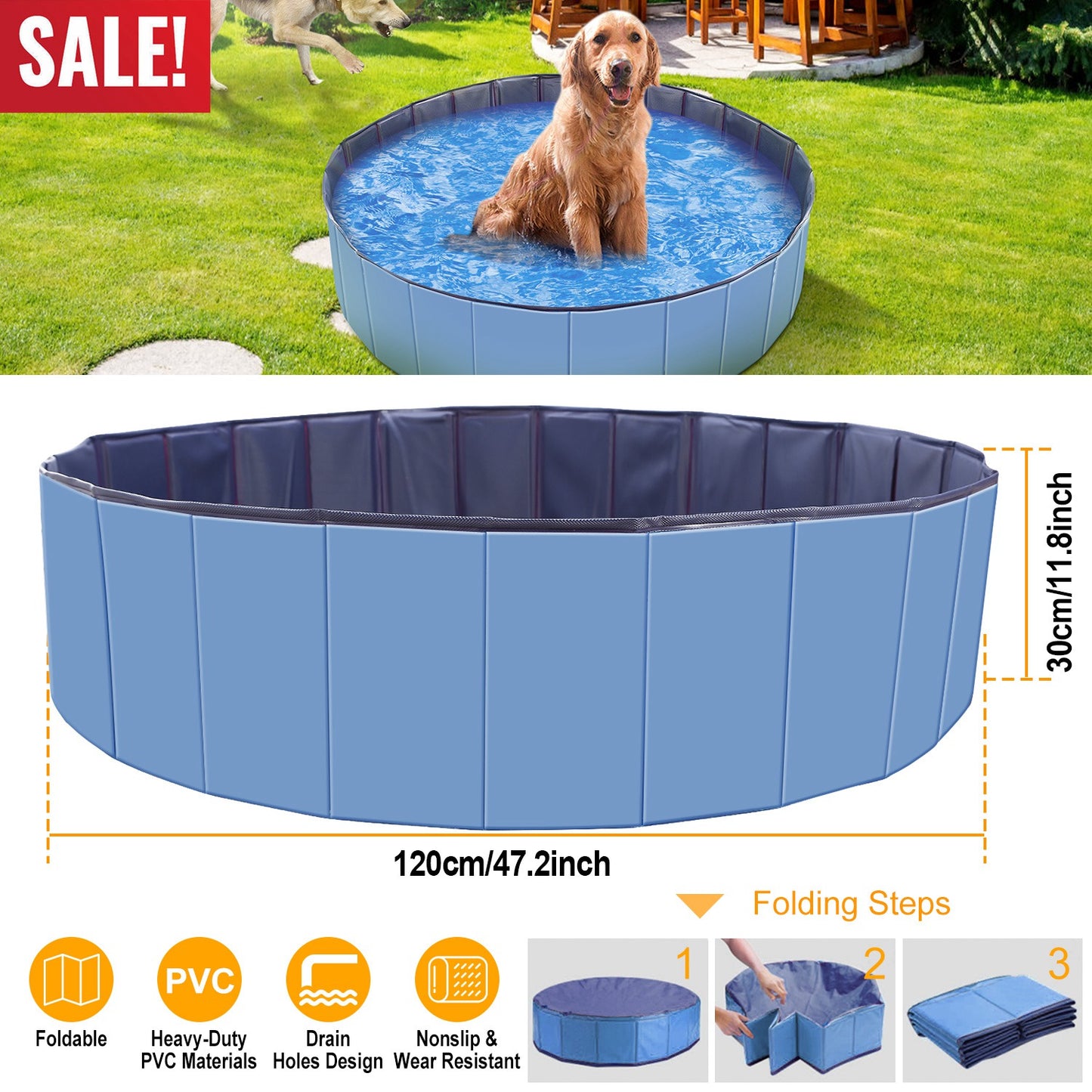 Foldable Pet Swimming Pool - 4ft PVC Dog Bath Tub
