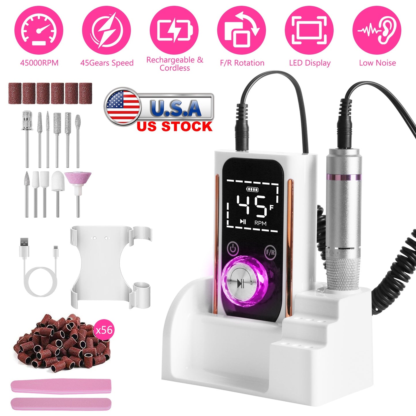 Electric Nail Drill Kit 45000 RPM with 11 Bits & LED Display