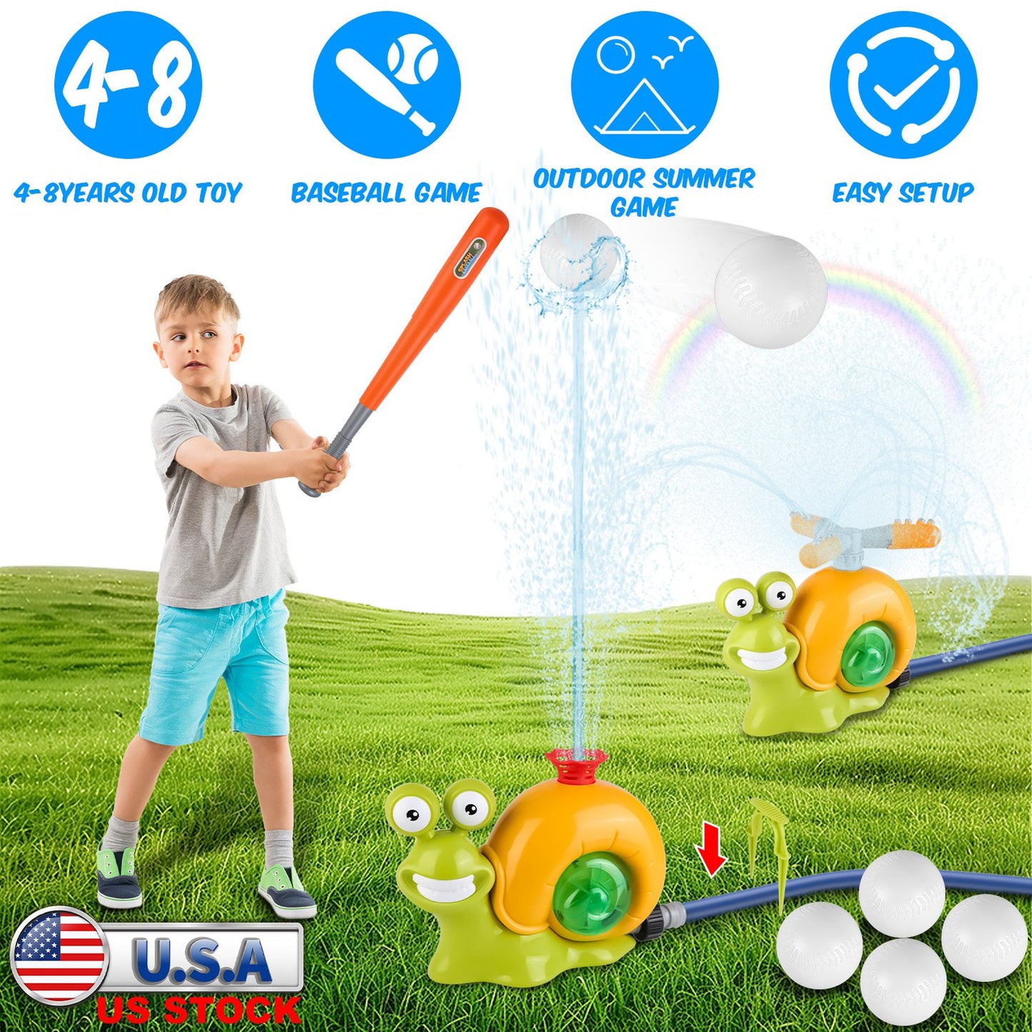 Snail Water Sprinkler Baseball Toy with 360° Rotating Spray