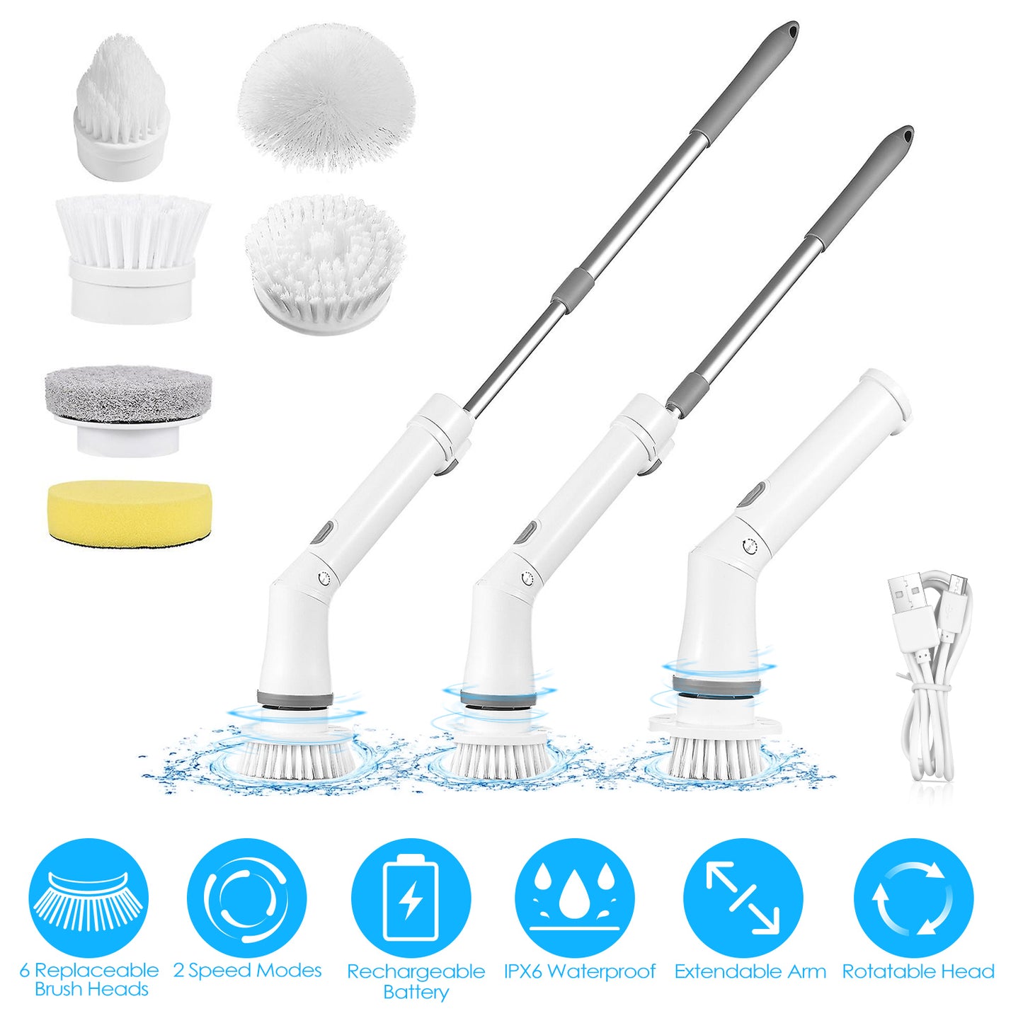 Electric Spin Scrubber with Telescopic Arm & 6 Brush Heads