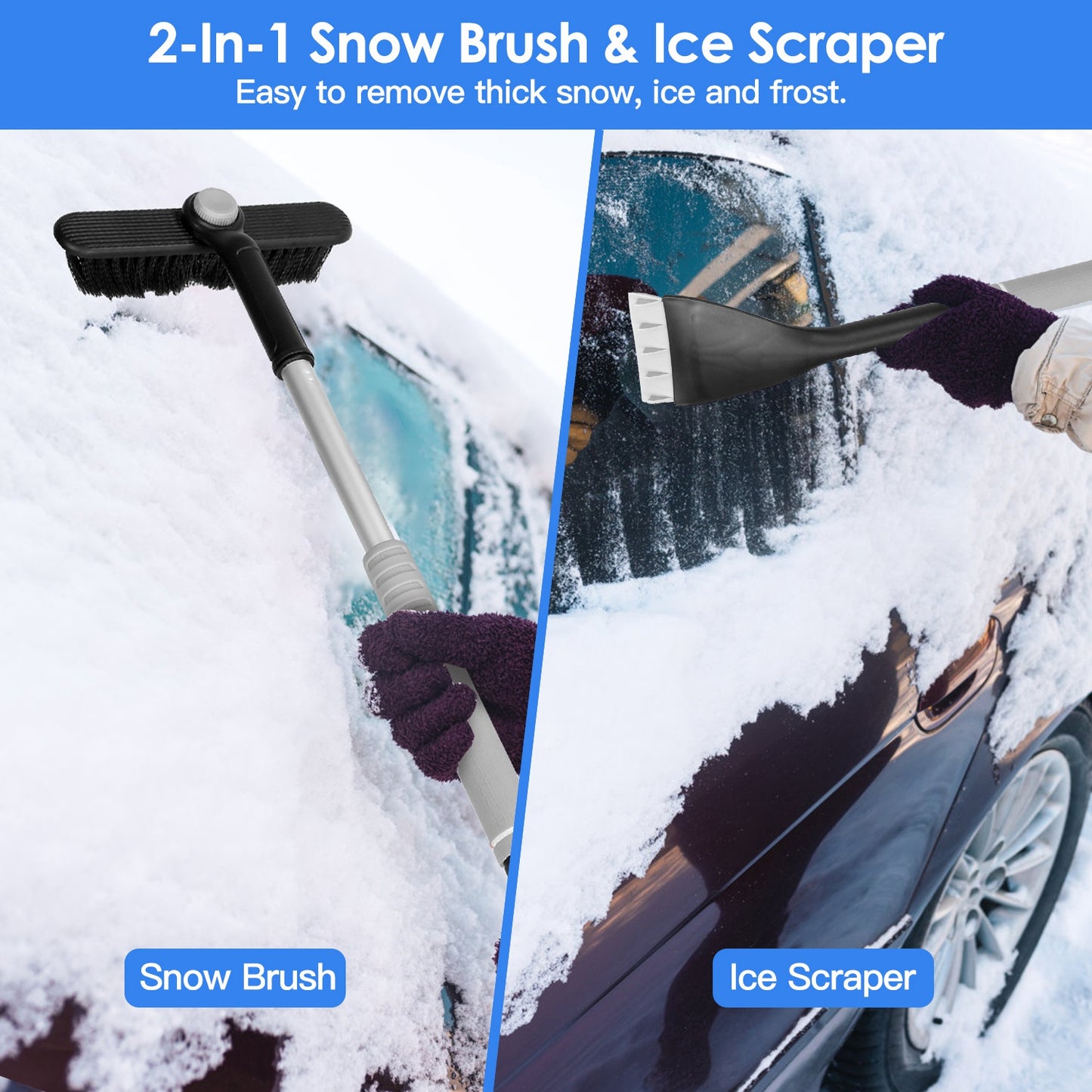 Extendable Snow Brush and Ice Scraper with 360° Pivoting Head