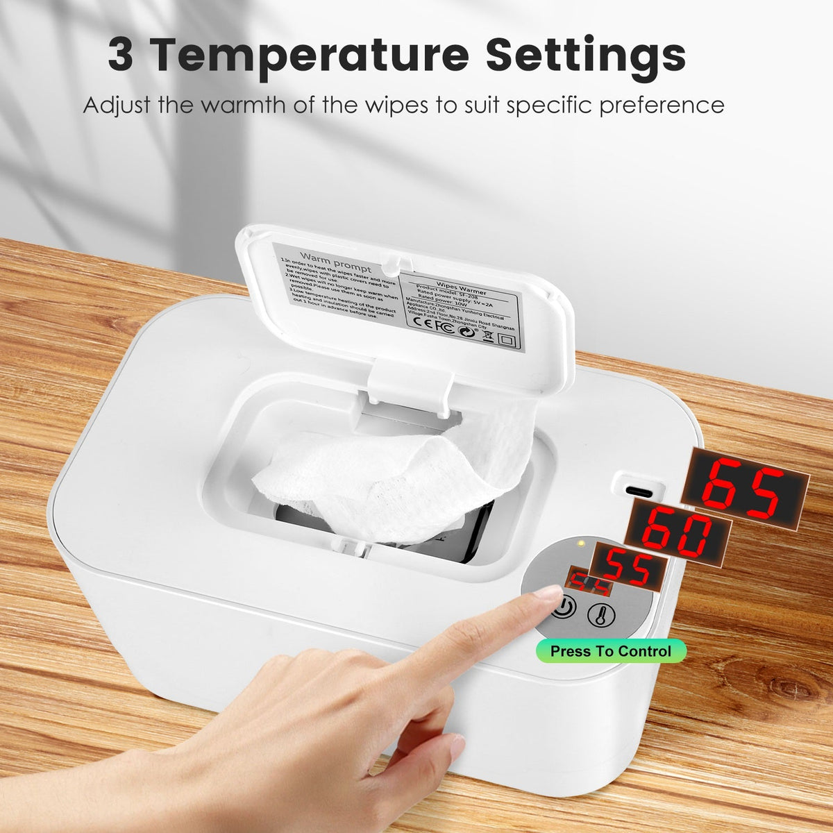 Baby Wipe Warmer With 3 Temperature Settings Type-C Powered Baby Wet Wipes Dispenser With Night Light Large Capacity Diaper Wipe Warmer For Baby