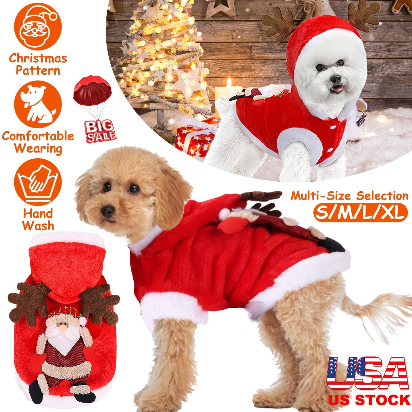 Santa Claus Pet Costume with Reindeer Antlers for Dogs & Cats
