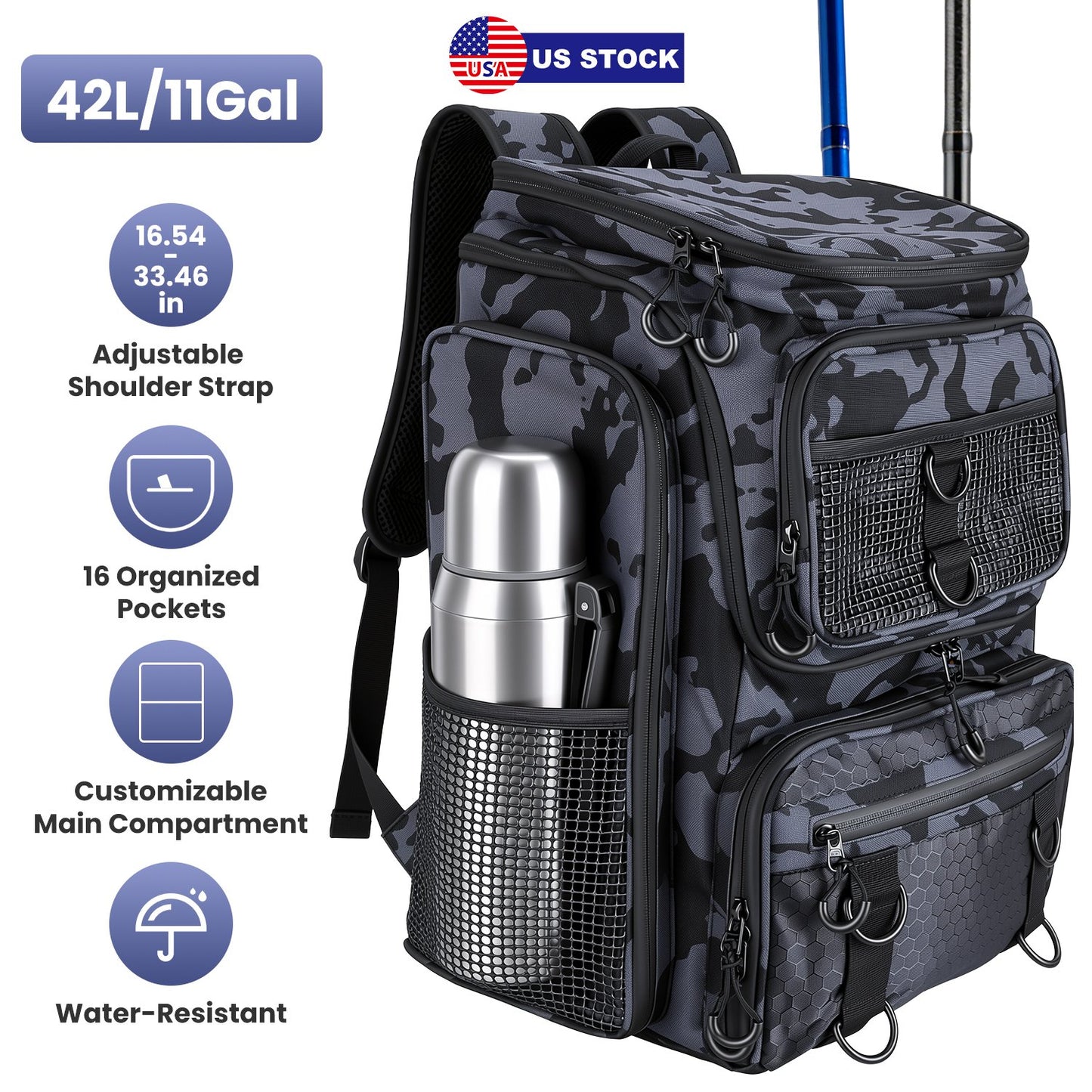 Fishing Backpack 42L with Rod Holders & 16 Pockets