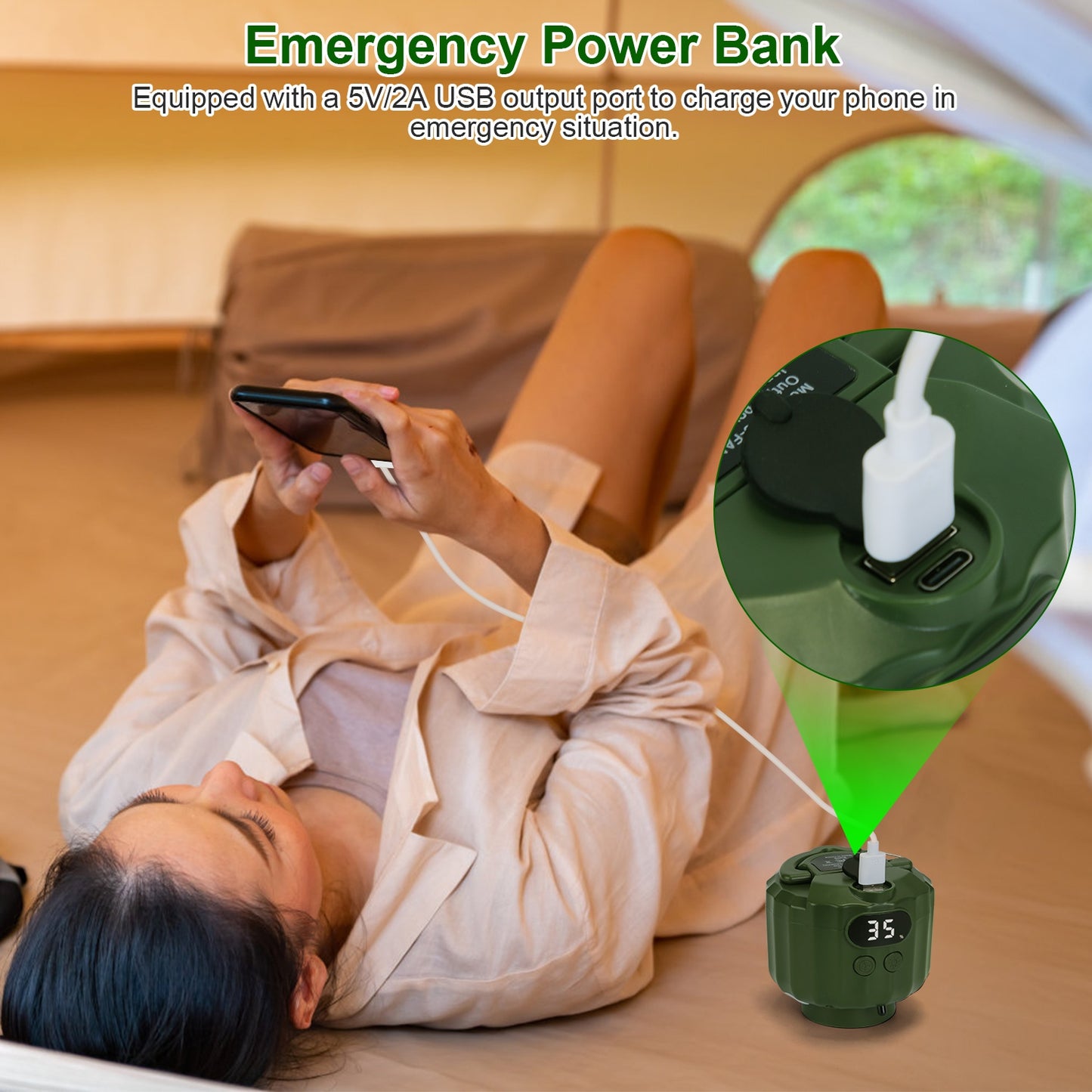 Portable Camping Ceiling Fan with LED Light & Power Bank