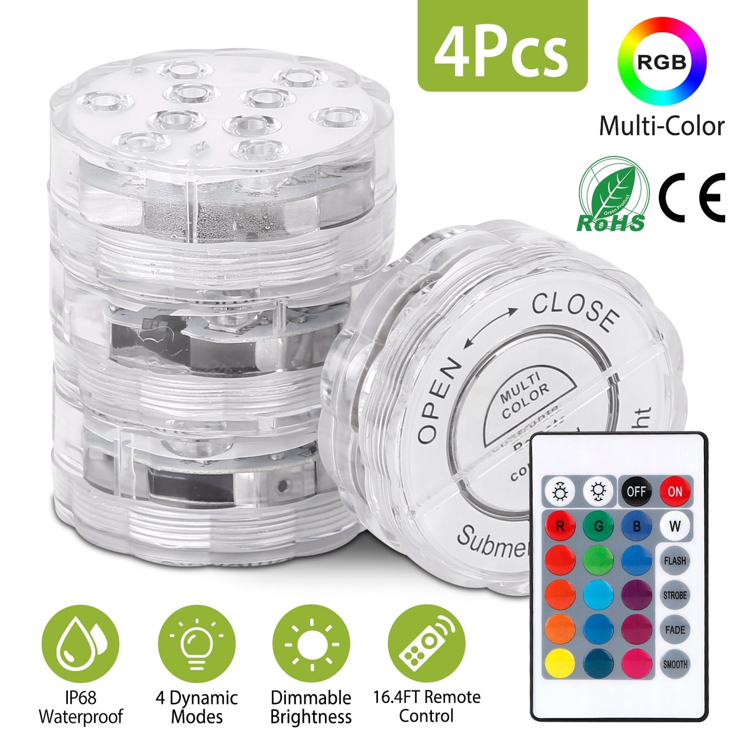 Submersible RGB LED Lights with Remote - 4 Pack Waterproof