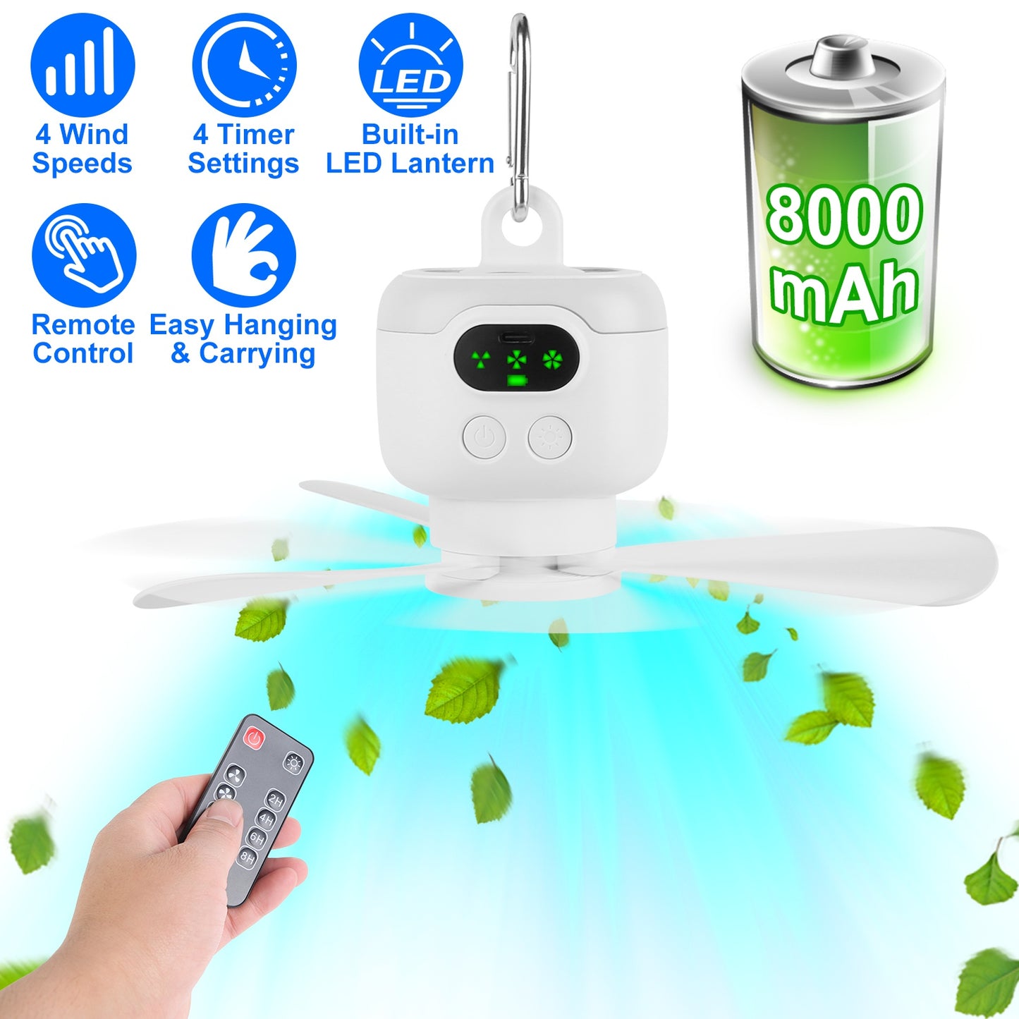 Portable Camping Fan with LED Lantern 8000mAh Battery Powered