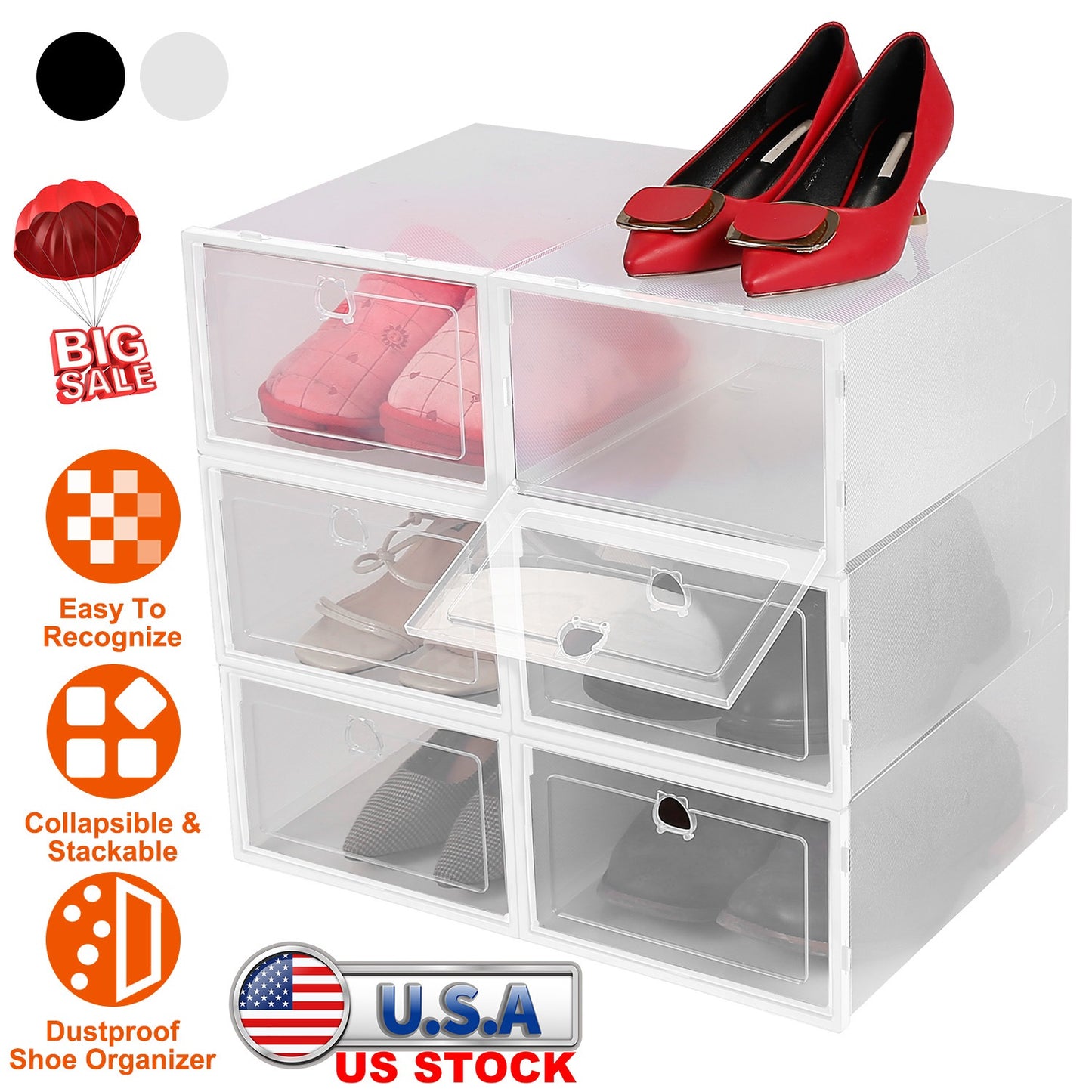 Collapsible Shoe Storage Boxes - Stackable Clear Organizer (6-Pack)