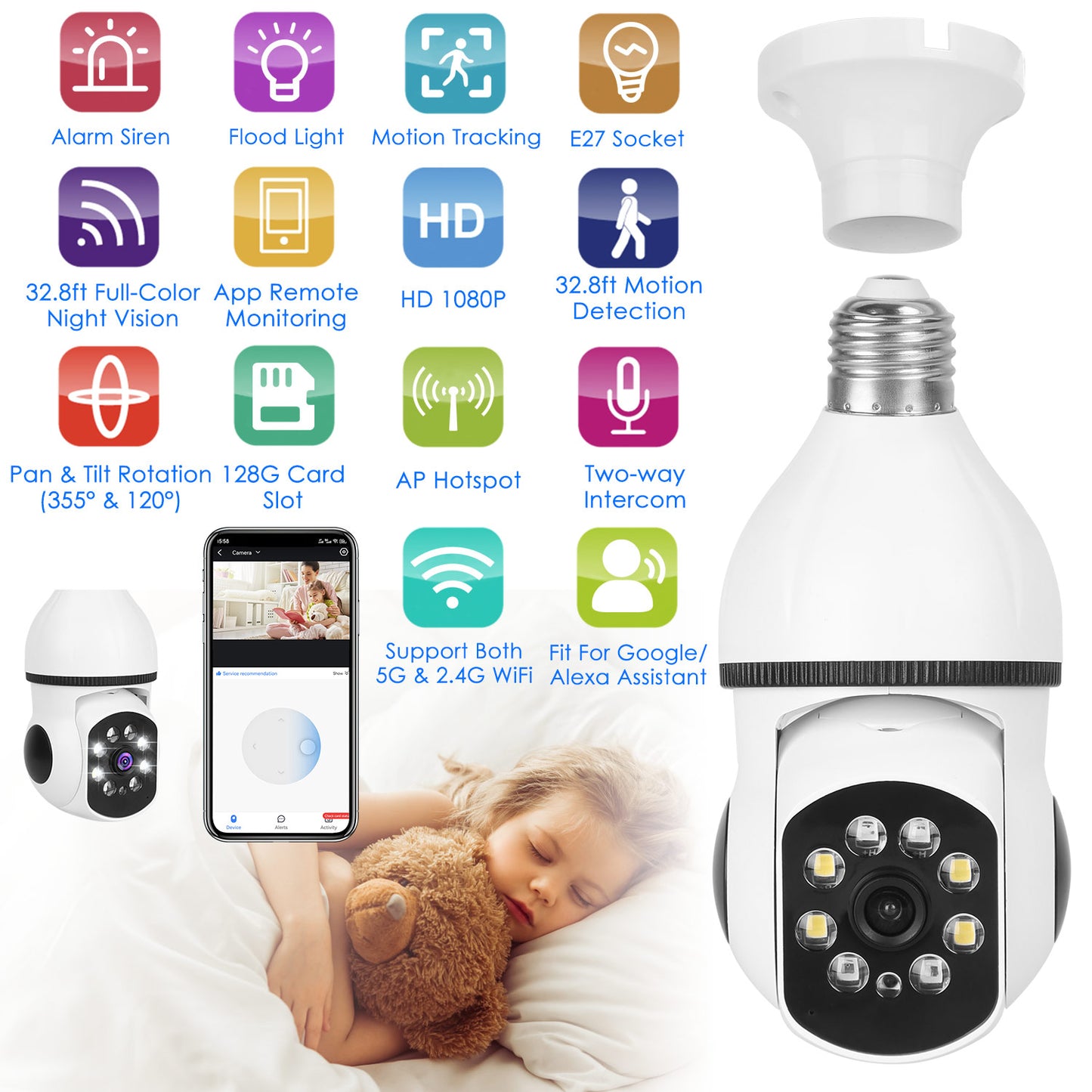 E27 WiFi Bulb Security Camera 1080P with Pan Tilt & Night Vision