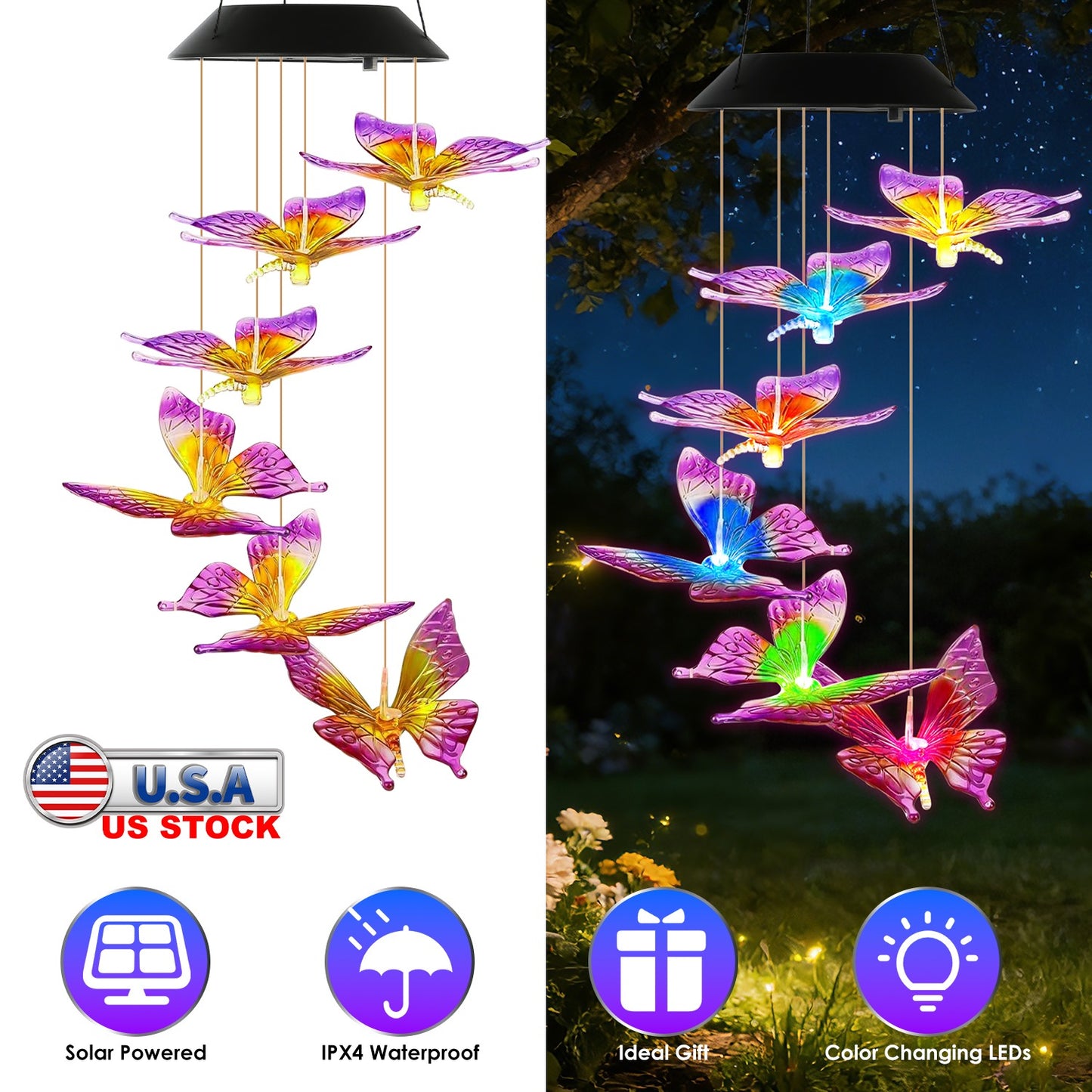 Solar Butterfly Wind Chimes with Color Changing LED Lights