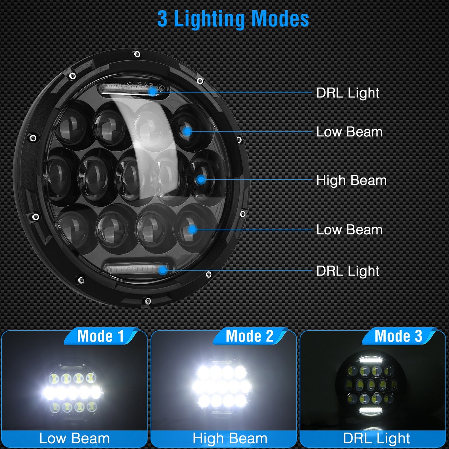 7 Inch Round LED Headlights 75W with DRL for Jeep Wrangler