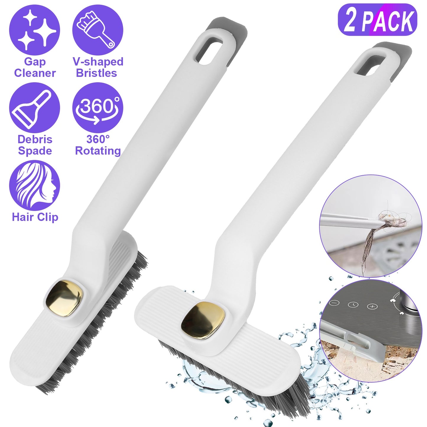 Rotating Crevice Cleaning Brush Set with Hair Clip Tool