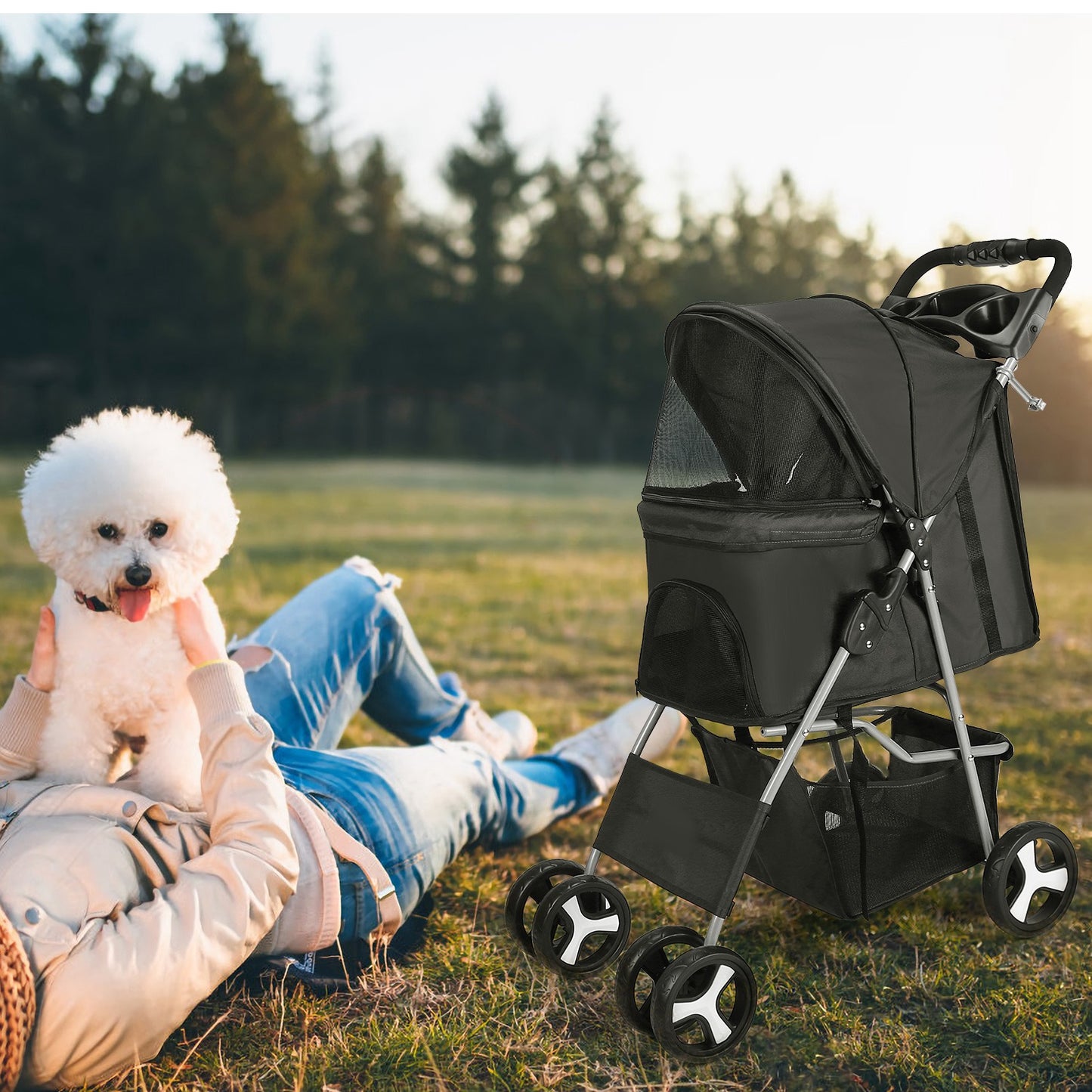 Pet Stroller with 4 Wheels - Foldable Carrier for Dogs & Cats
