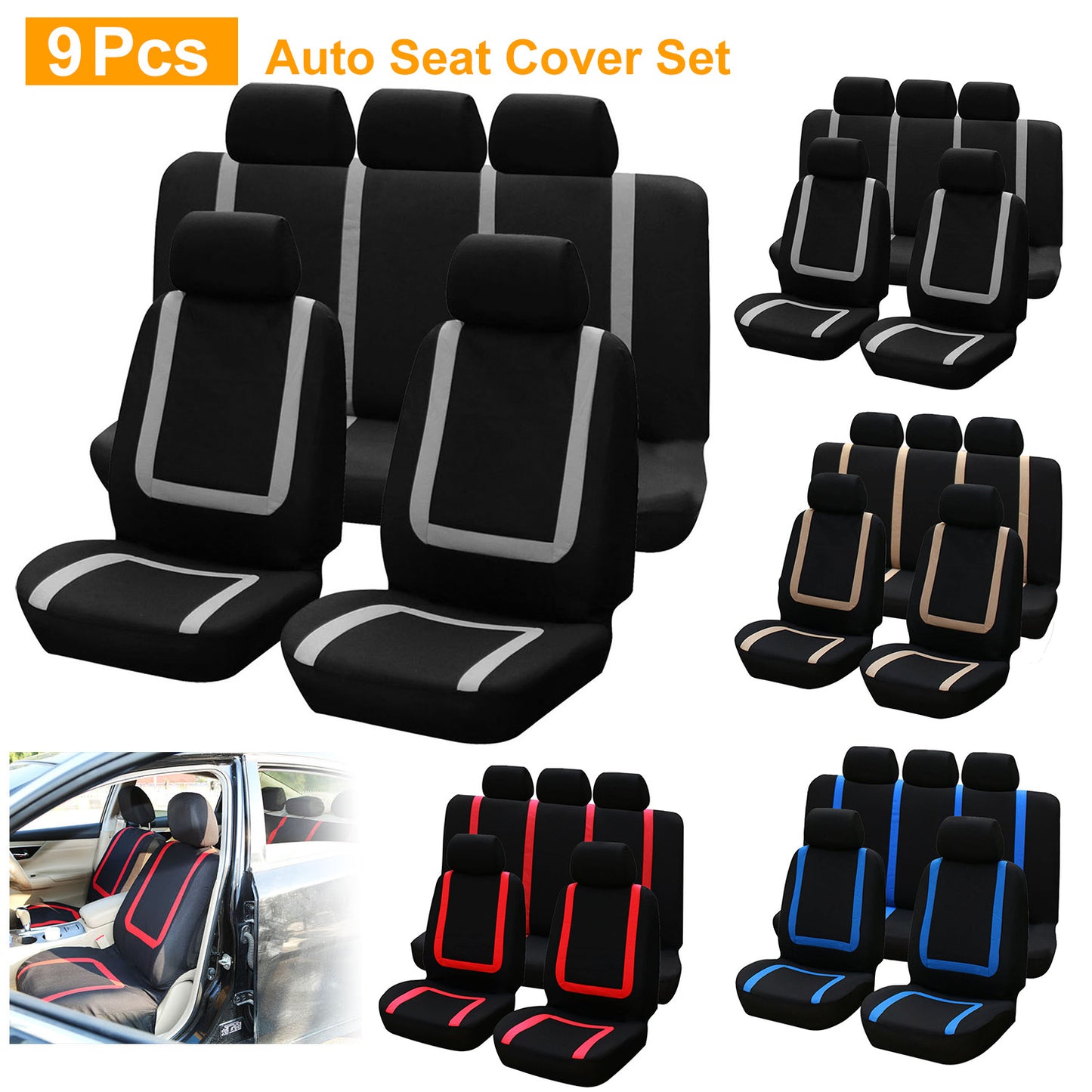 Universal Car Seat Covers 9-Piece Set for Auto Truck SUV