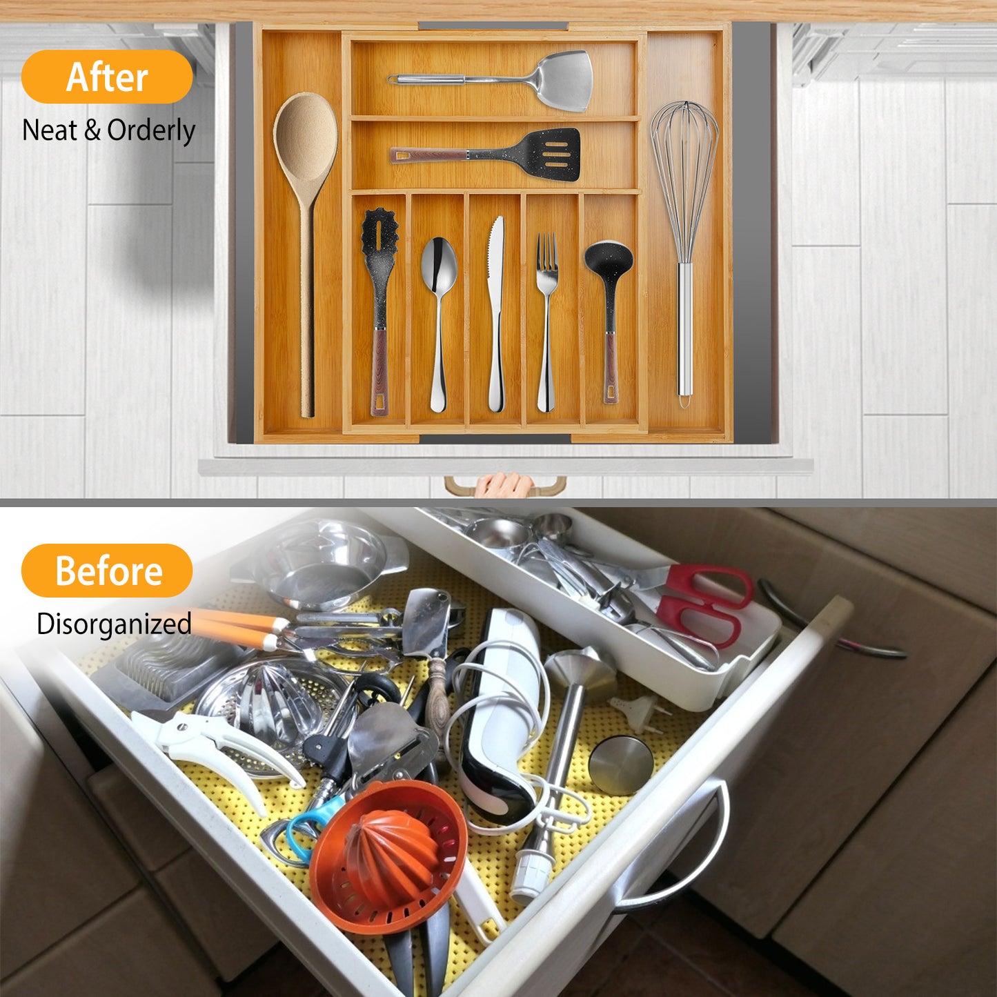 Expandable Bamboo Drawer Organizer with 9 Compartments