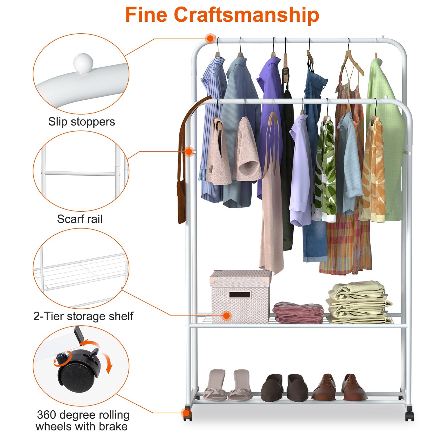 Rolling Garment Rack with Shoe Shelf and Dual Hanging Rails