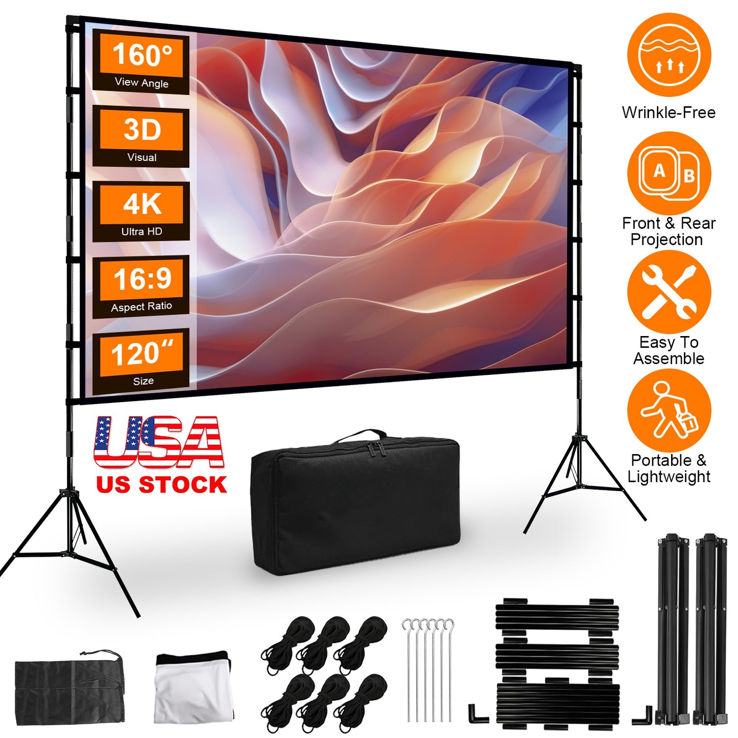 100" Projector Screen with Stand - 16:9 4K HD Portable