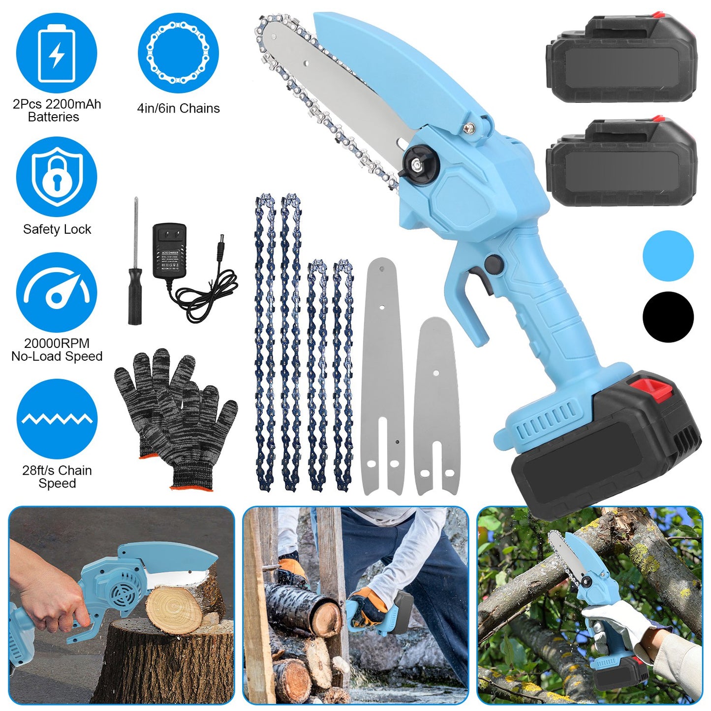 Mini Chainsaw Cordless Electric with 4in & 6in Chains