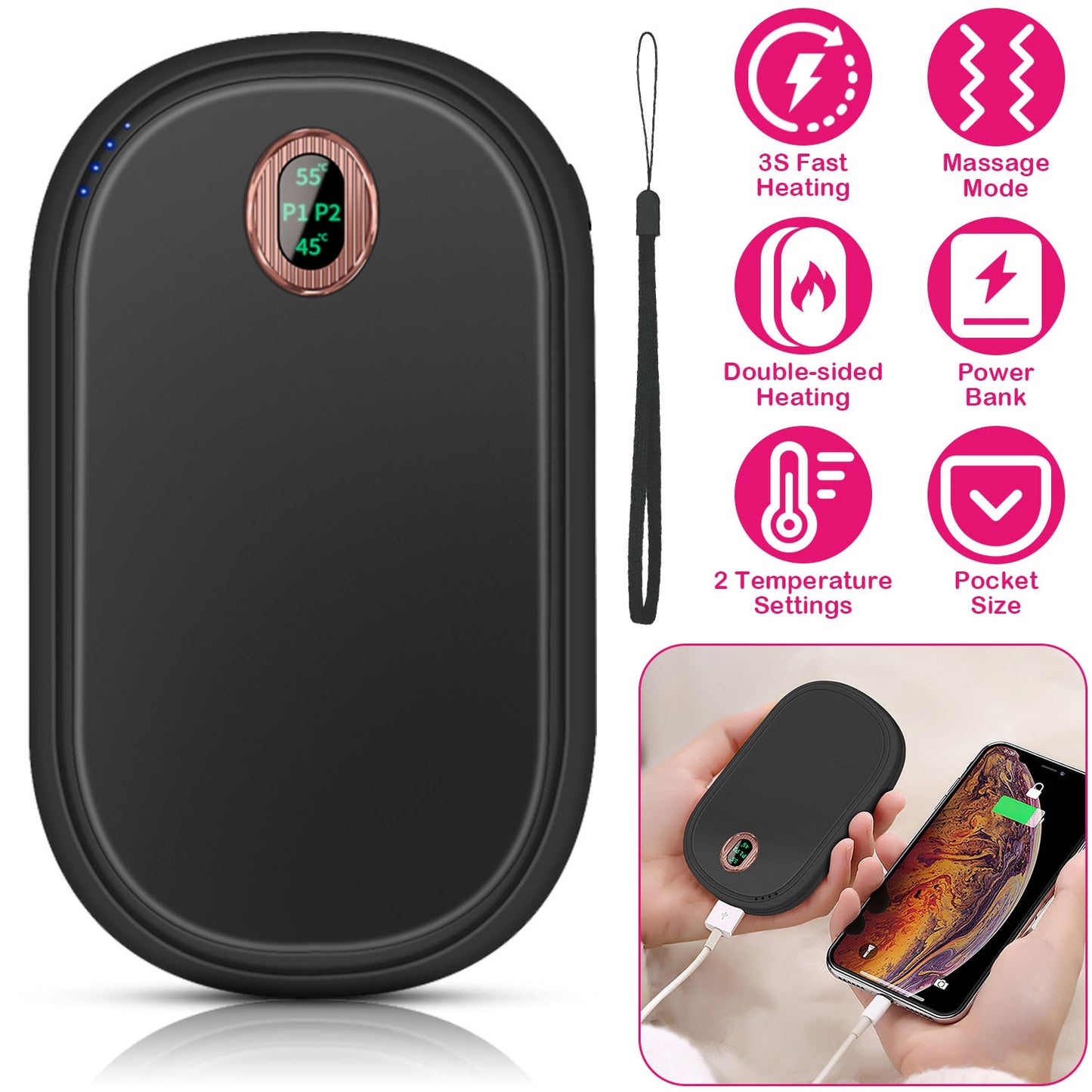 Rechargeable Hand Warmer with Power Bank & Digital Display
