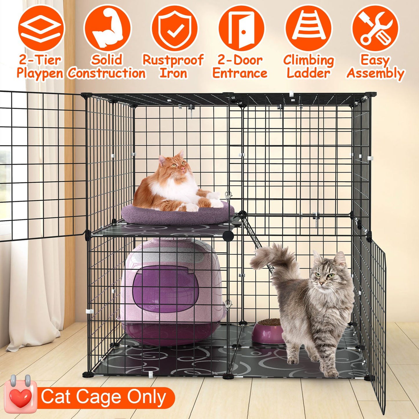 2-Tier Cat Cage Playpen with Climbing Ladder & Dual Doors