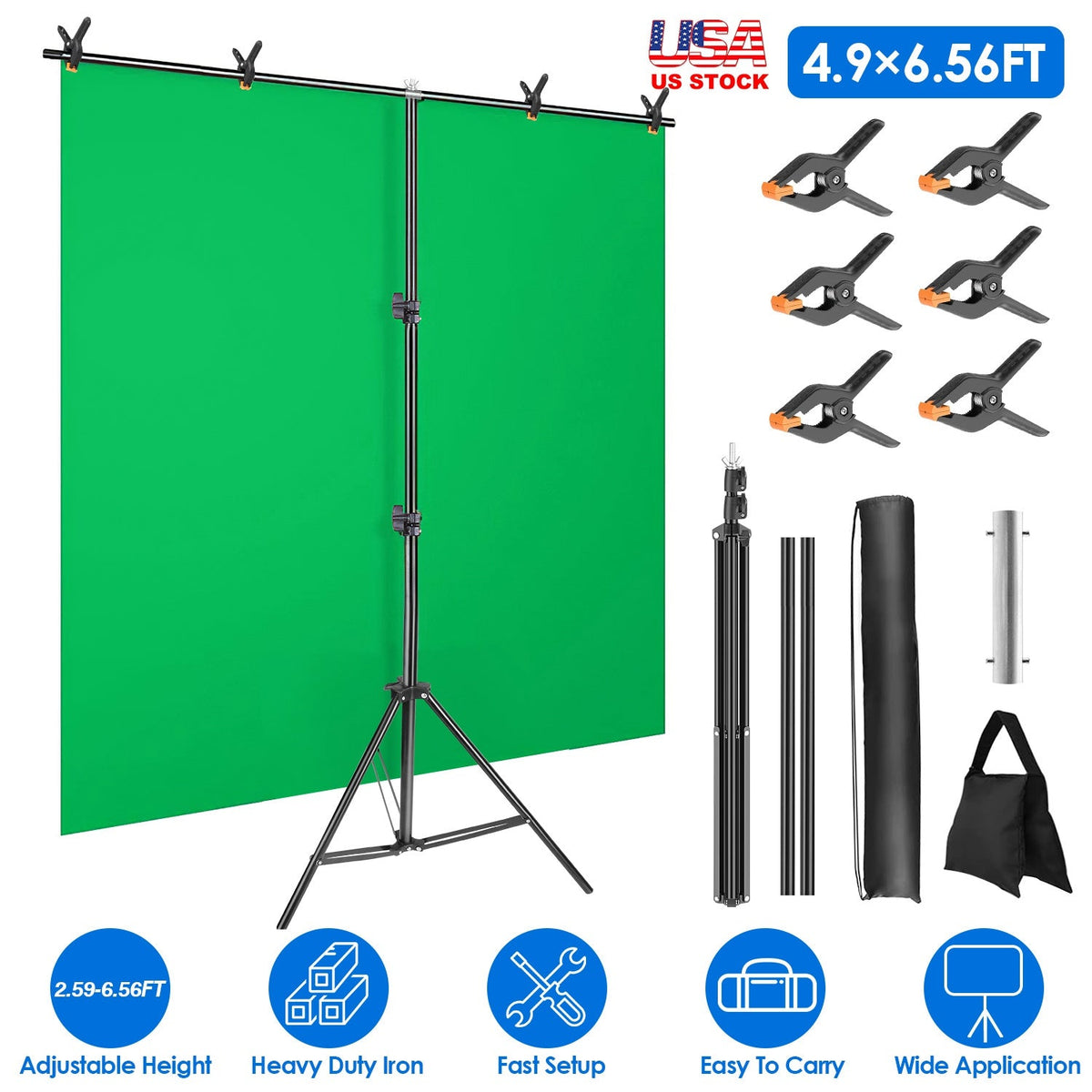 5 6.5FT T-Shape Photo Video Backdrop Stand Heavy Duty Background Stand Adjustable Photography Backdrop Stand with 6 Spring Clamps Sandbag Carry Bag fo