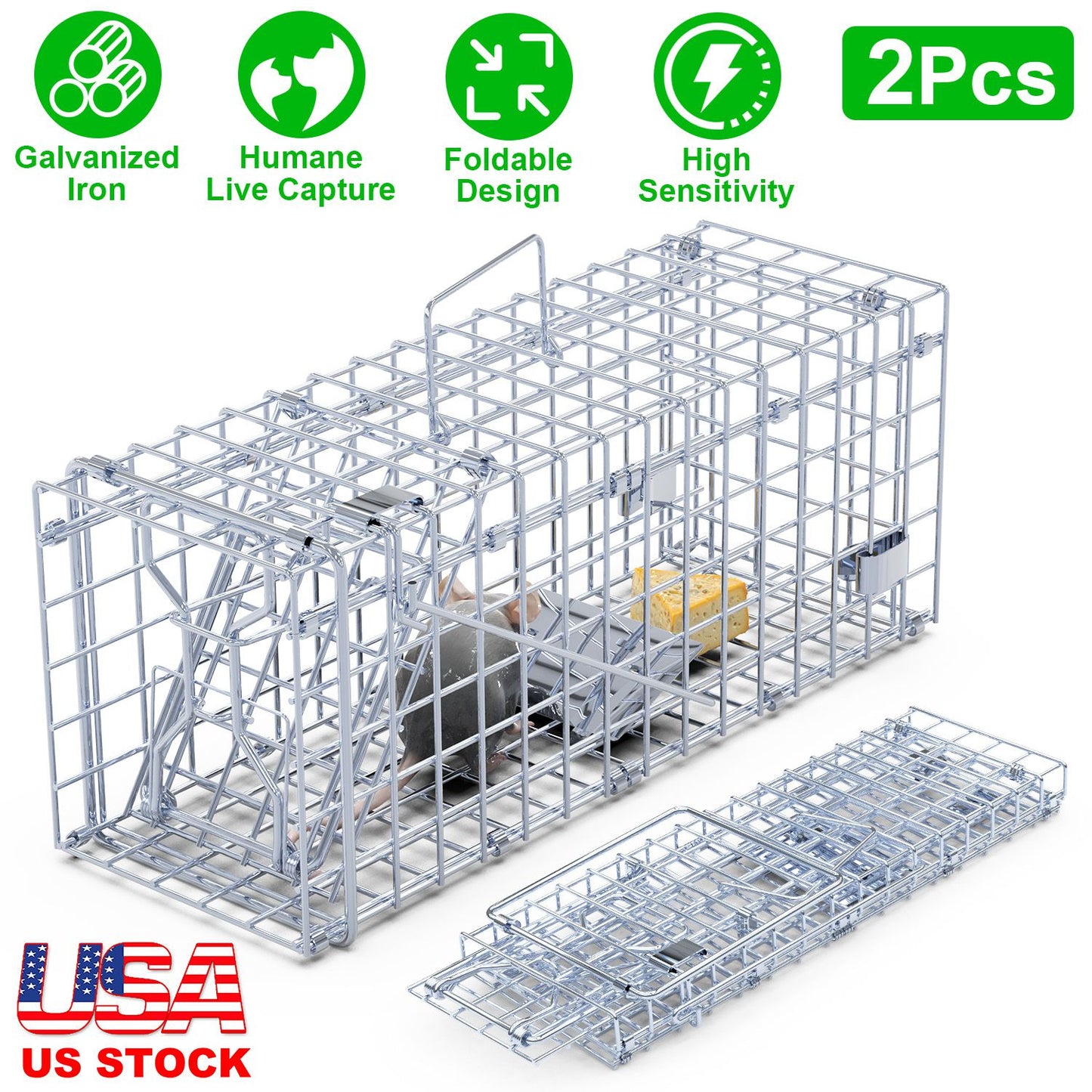 Foldable Humane Rat Trap Cage - 2 Pack Galvanized Steel
