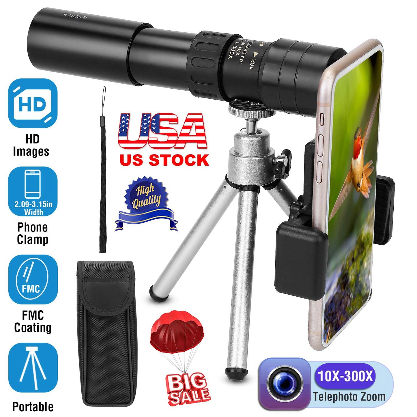 Monocular Telescope 10X-300X Zoom with Phone Holder & Tripod