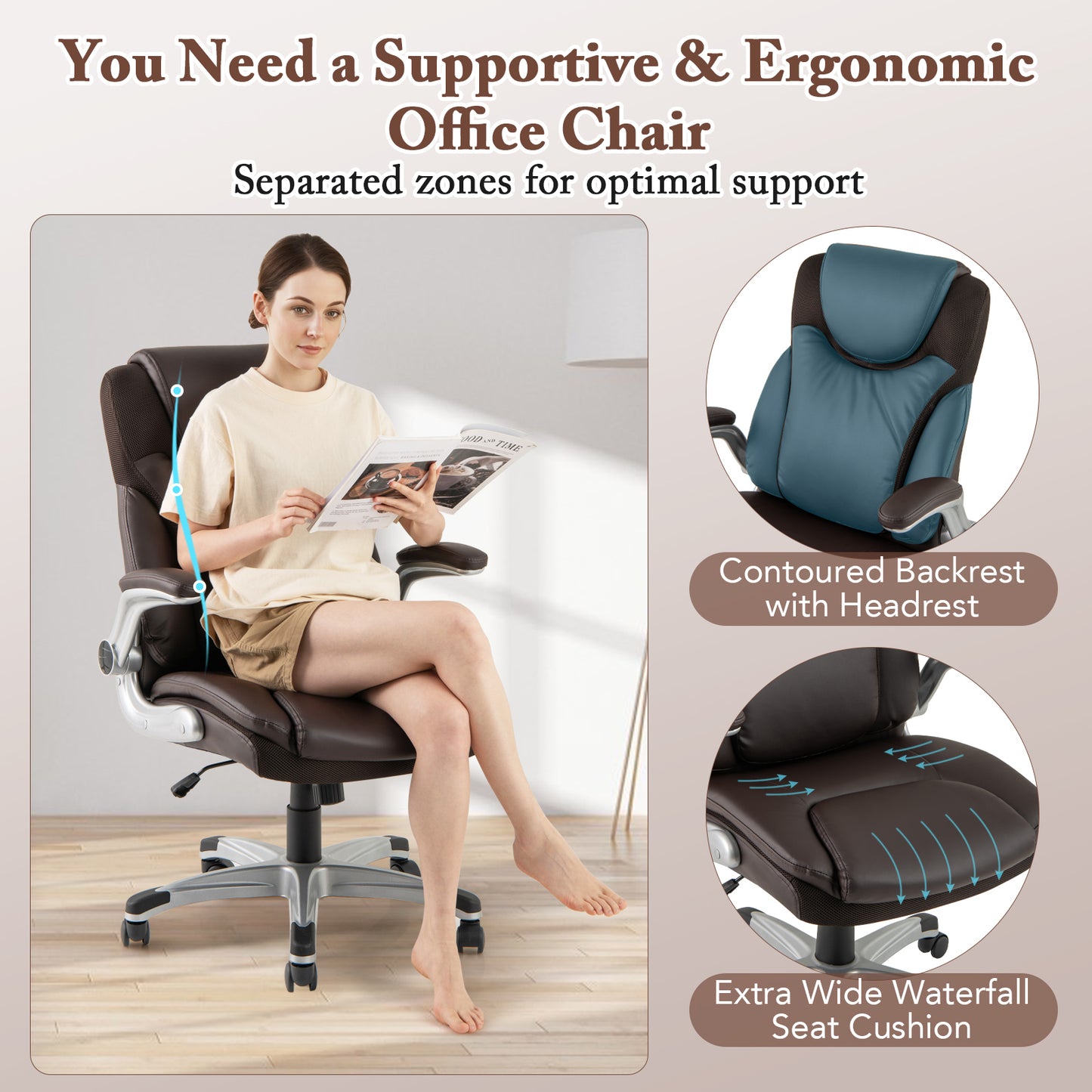 Executive Office Chair with Flip-Up Armrests & Rocking Function