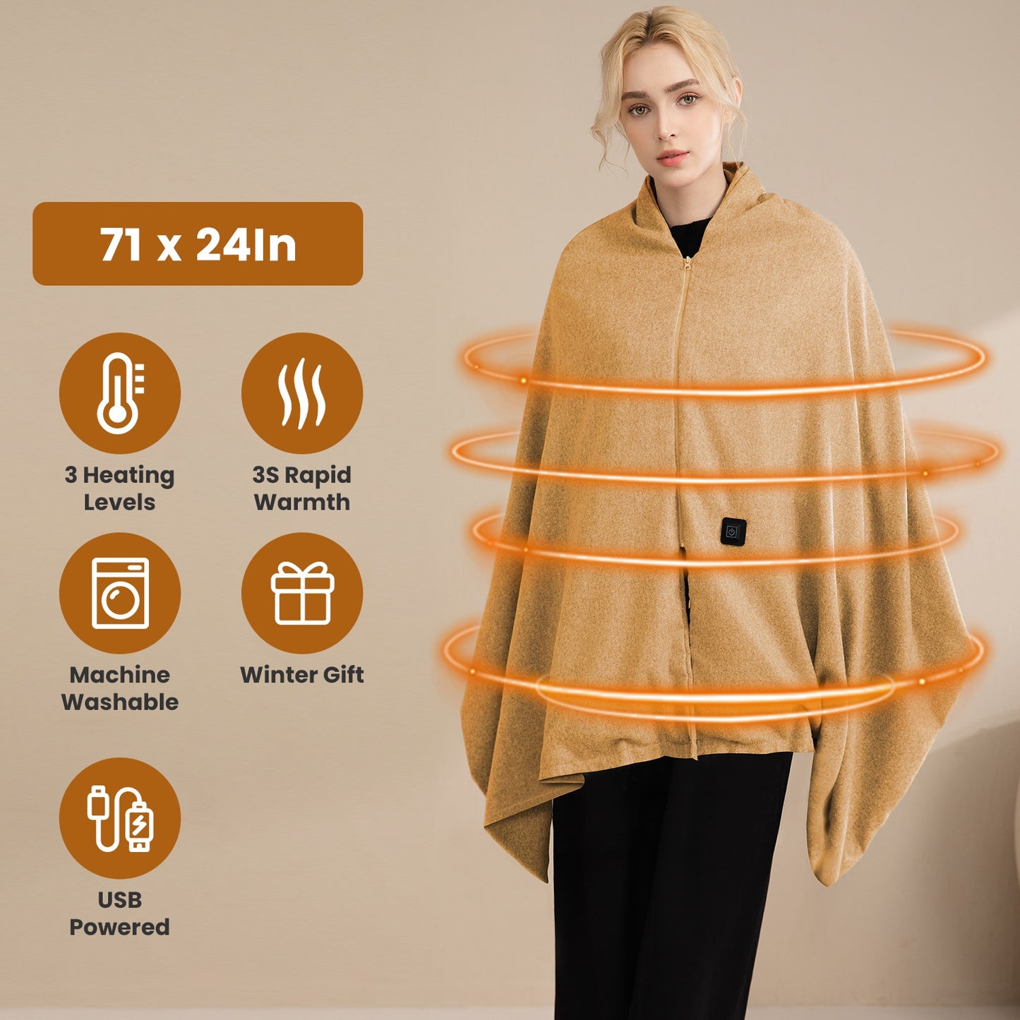 USB Heated Shawl with 3 Heat Levels and Zipper