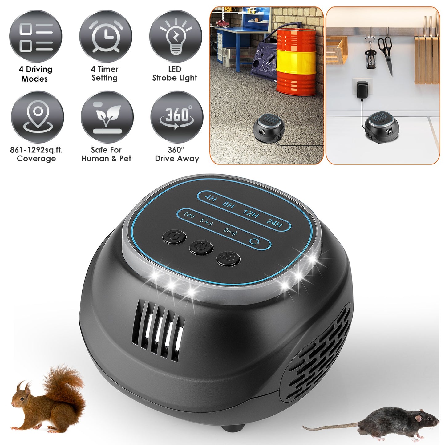 Ultrasonic Rodent Repeller with 4 Modes & Strobe Light