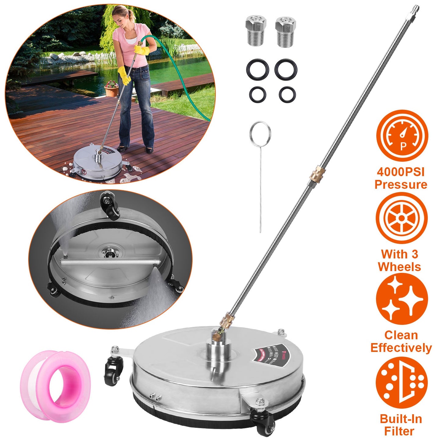 15" Pressure Washer Surface Cleaner 4000PSI with Wheels