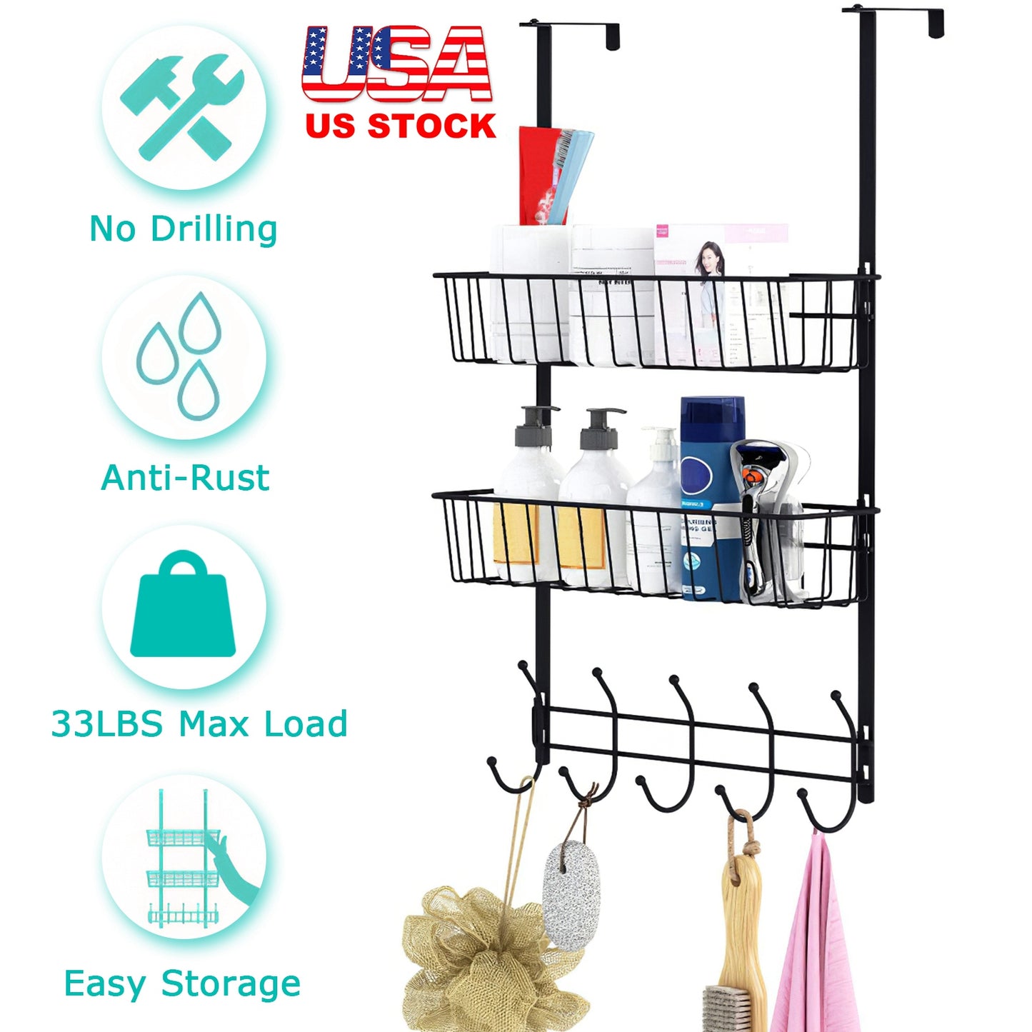 Over The Door Organizer with 5 Hooks and 2 Metal Baskets