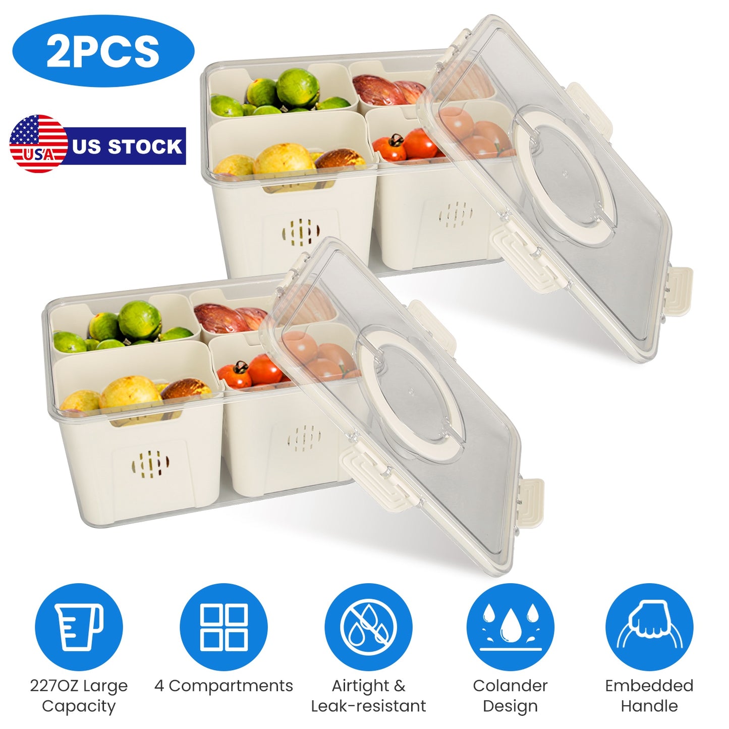 Airtight Fruit Storage Containers 4-Compartment with Colanders