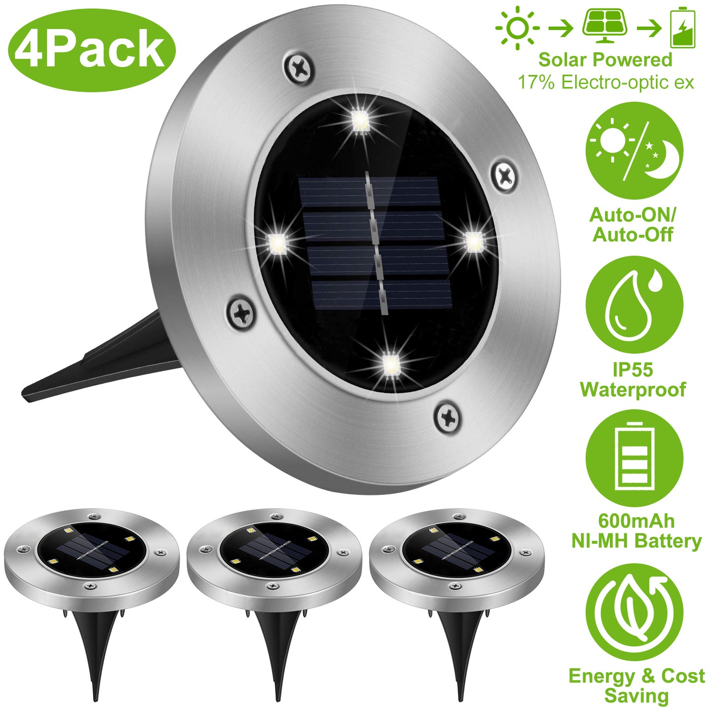Solar Ground Lights 4-Pack Waterproof LED Pathway Lights
