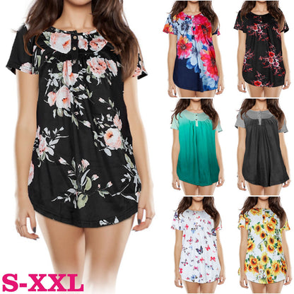 Women Summer Shirts Tops Loose Short Sleeve T Shirts Casual Floral Printed Button Shirts Blouse S-XXL