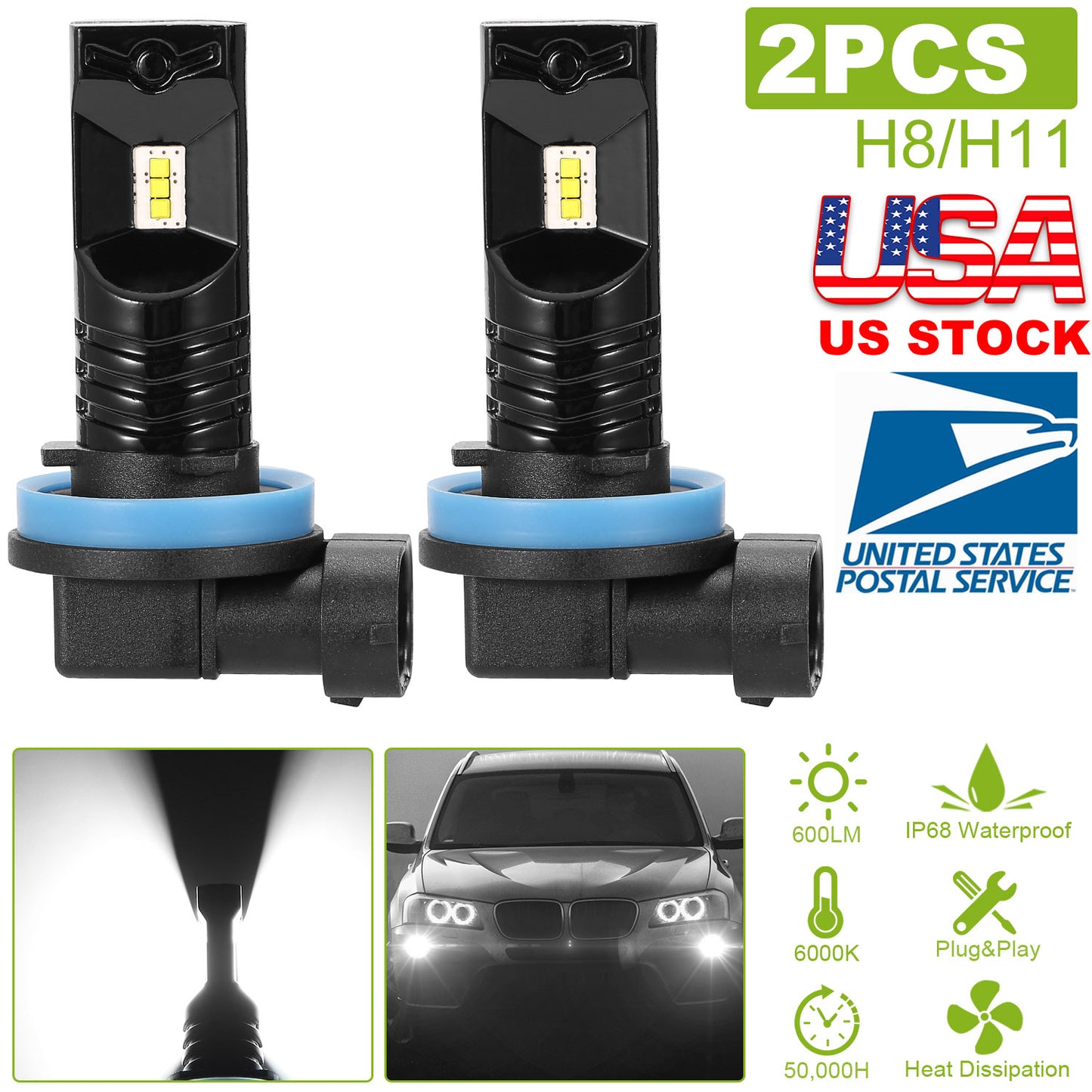H8/H9/H11 LED Fog Light Bulbs 6000K White 600LM (2-Pack)