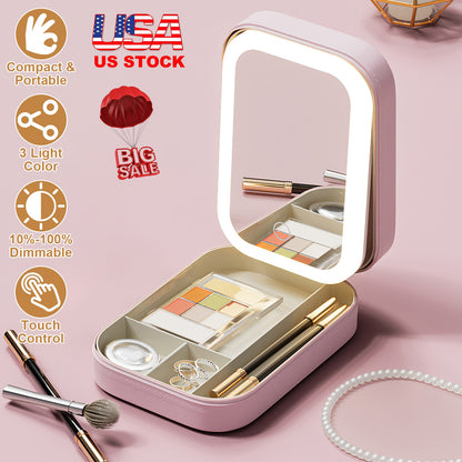 Portable Travel Makeup Bag With LED Mirror Rechargeable Beauty Mirror With 3 Color Light Dimmable Brightness Waterproof Cosmetic Bag With 4 Compartmen