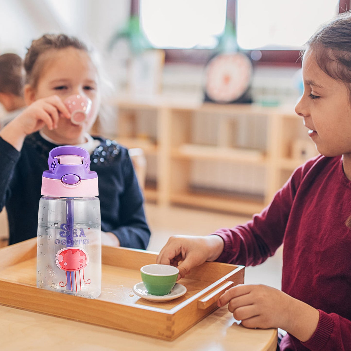 Kids Water Bottle with Straw 16.2oz Leak-Proof Push Button