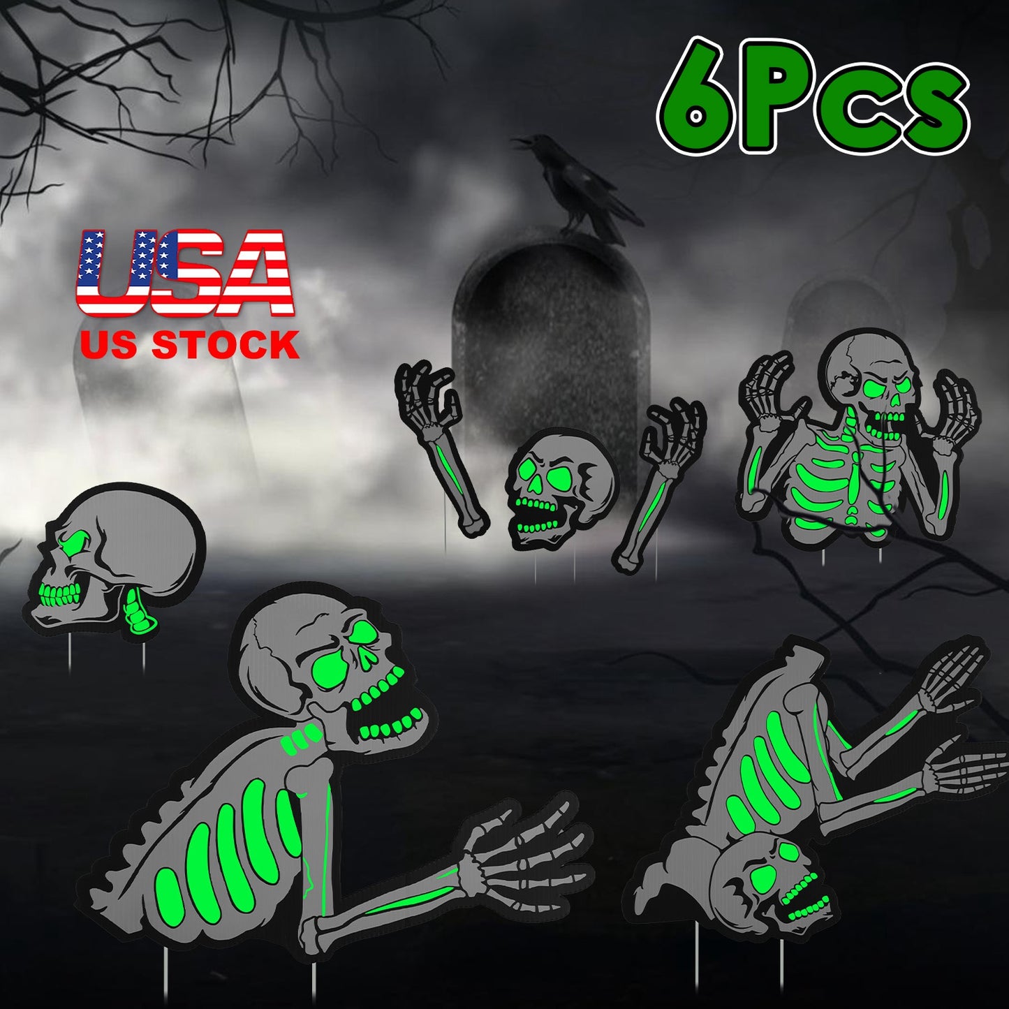 Glow in the Dark Skeleton Yard Signs 6-Piece Halloween Set