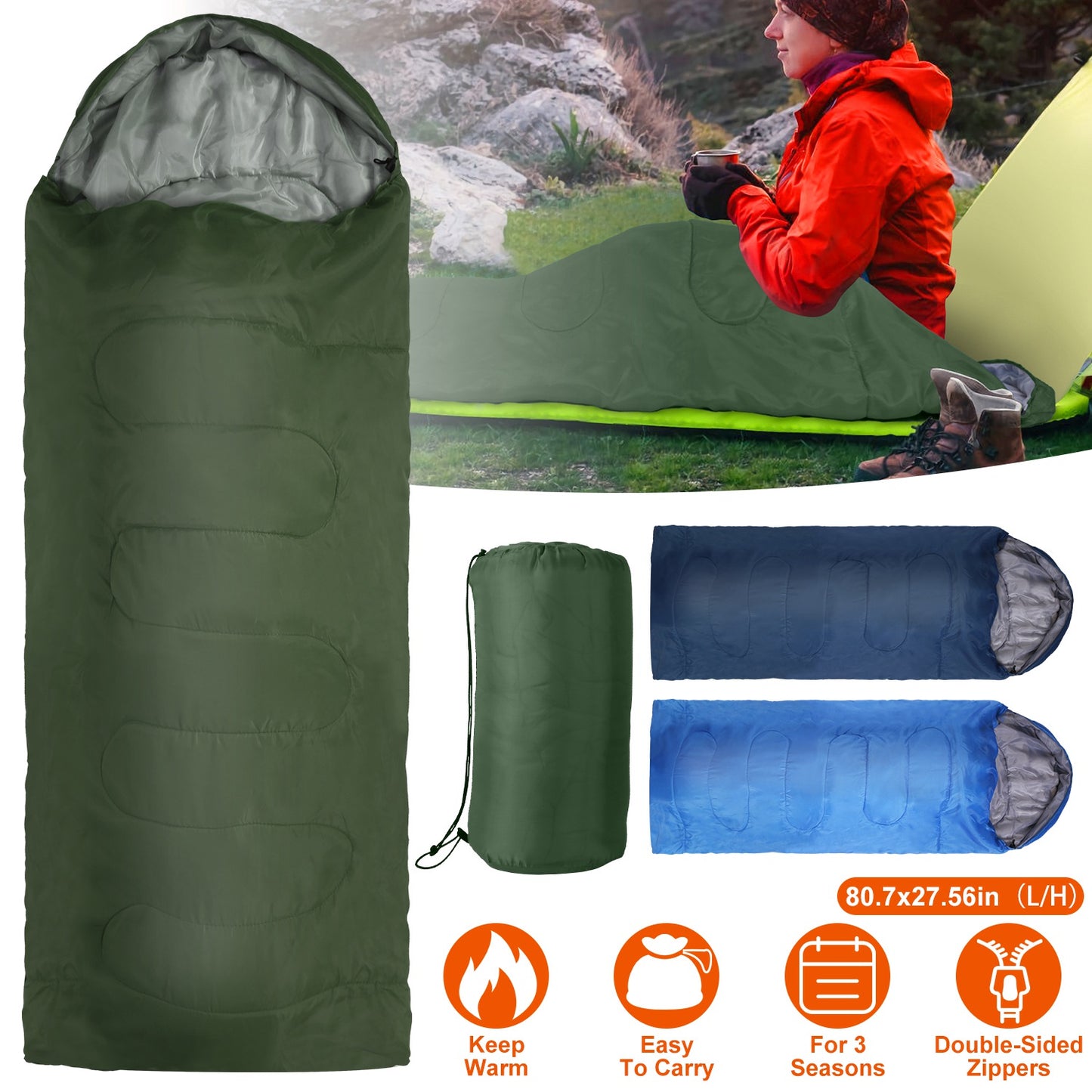 3-Season Sleeping Bag for Adults with Carry Bag 32-50°F