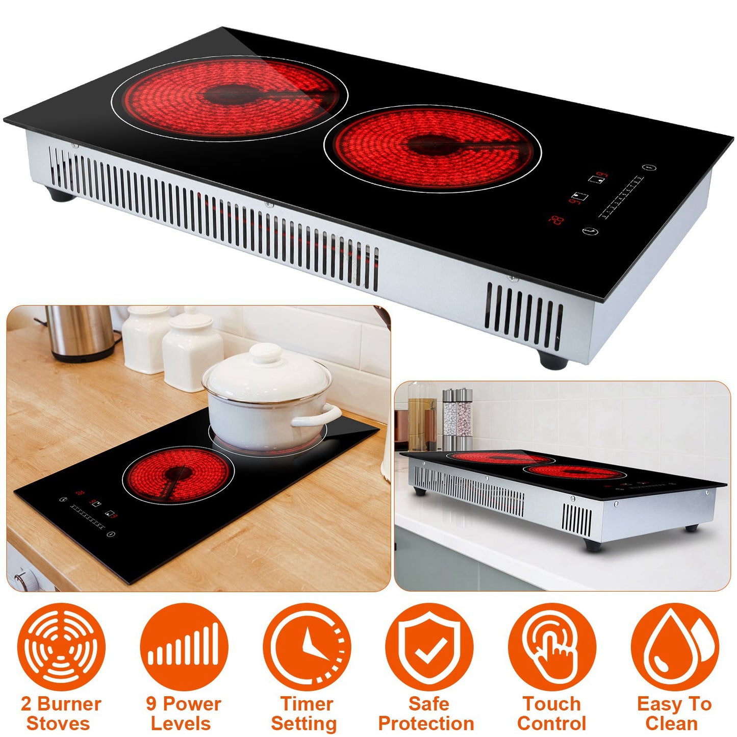 Dual Induction Electric Cooktop 1900W with Timer & 9 Power Levels