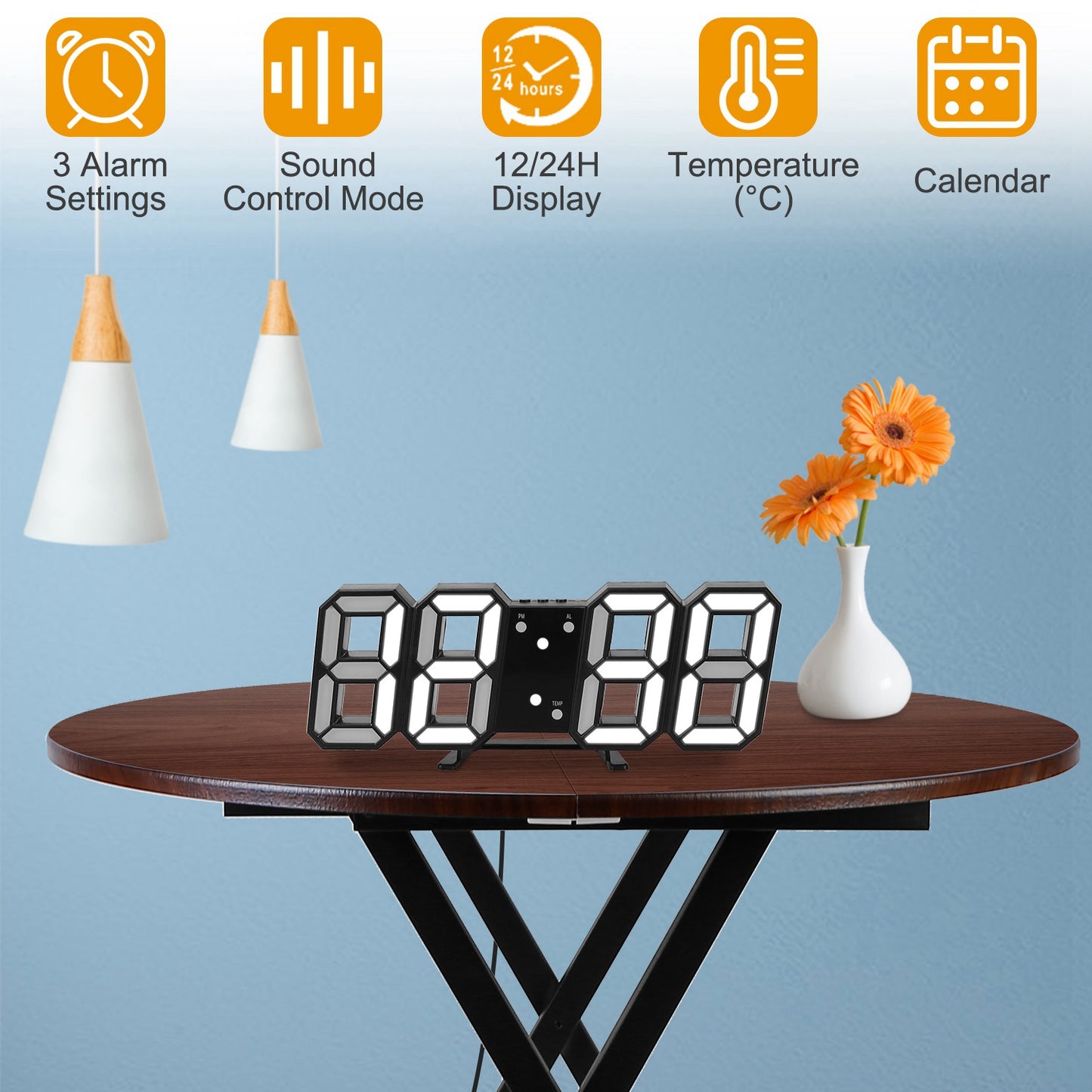 3D LED Digital Wall Clock with Sound Control and Temperature
